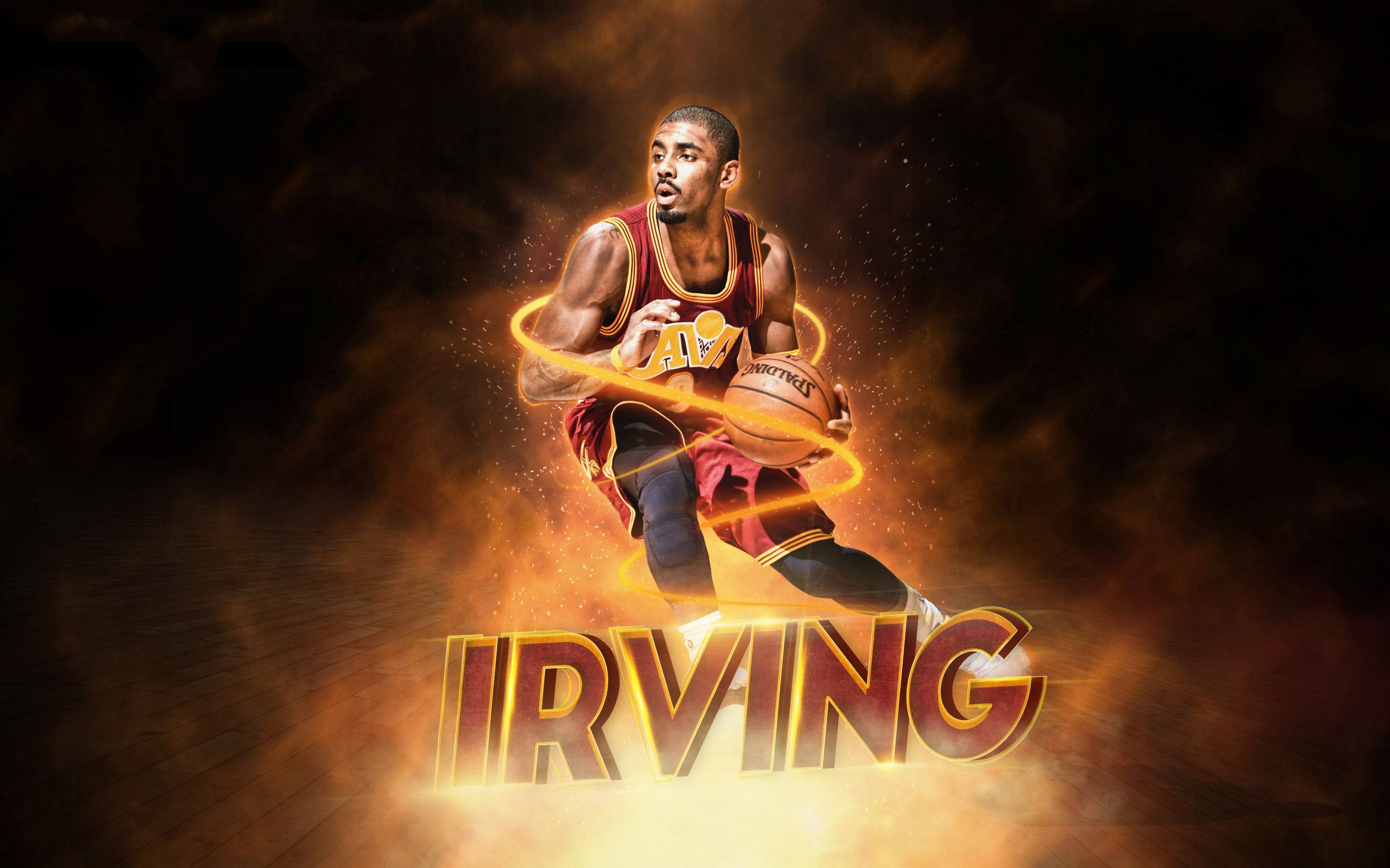 Kyrie 桌布 壁紙 — 一名身穿栗色球衣的籃球運動員在黑暗煙霧背景中運球，周圍環繞著發光的橙色能量，下方有粗體火焰文字「IRVING」。
