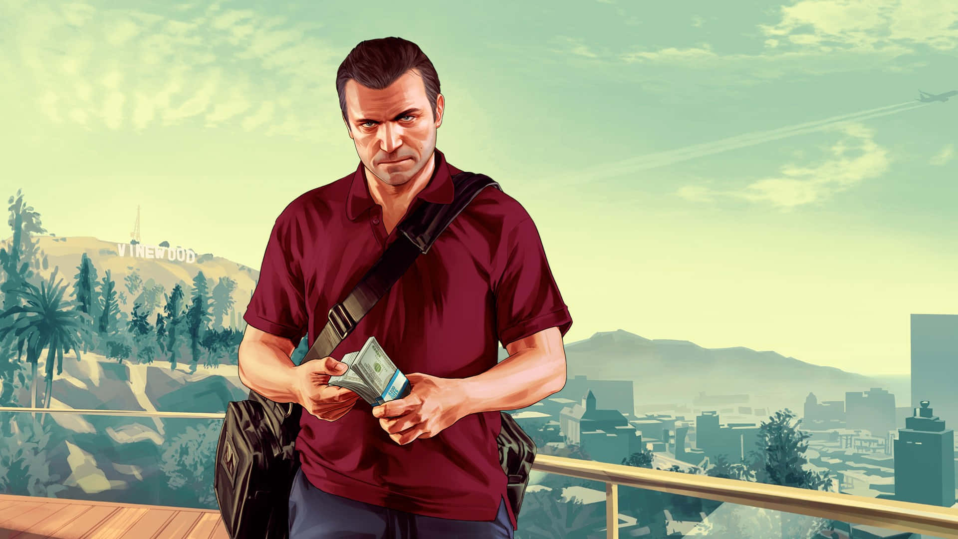Grand Theft Auto V 桌布 壁紙 — 一名身穿栗色襯衫的男子在屋頂上數錢，俯瞰著遠方有好萊塢標誌的朦朧城市景觀。