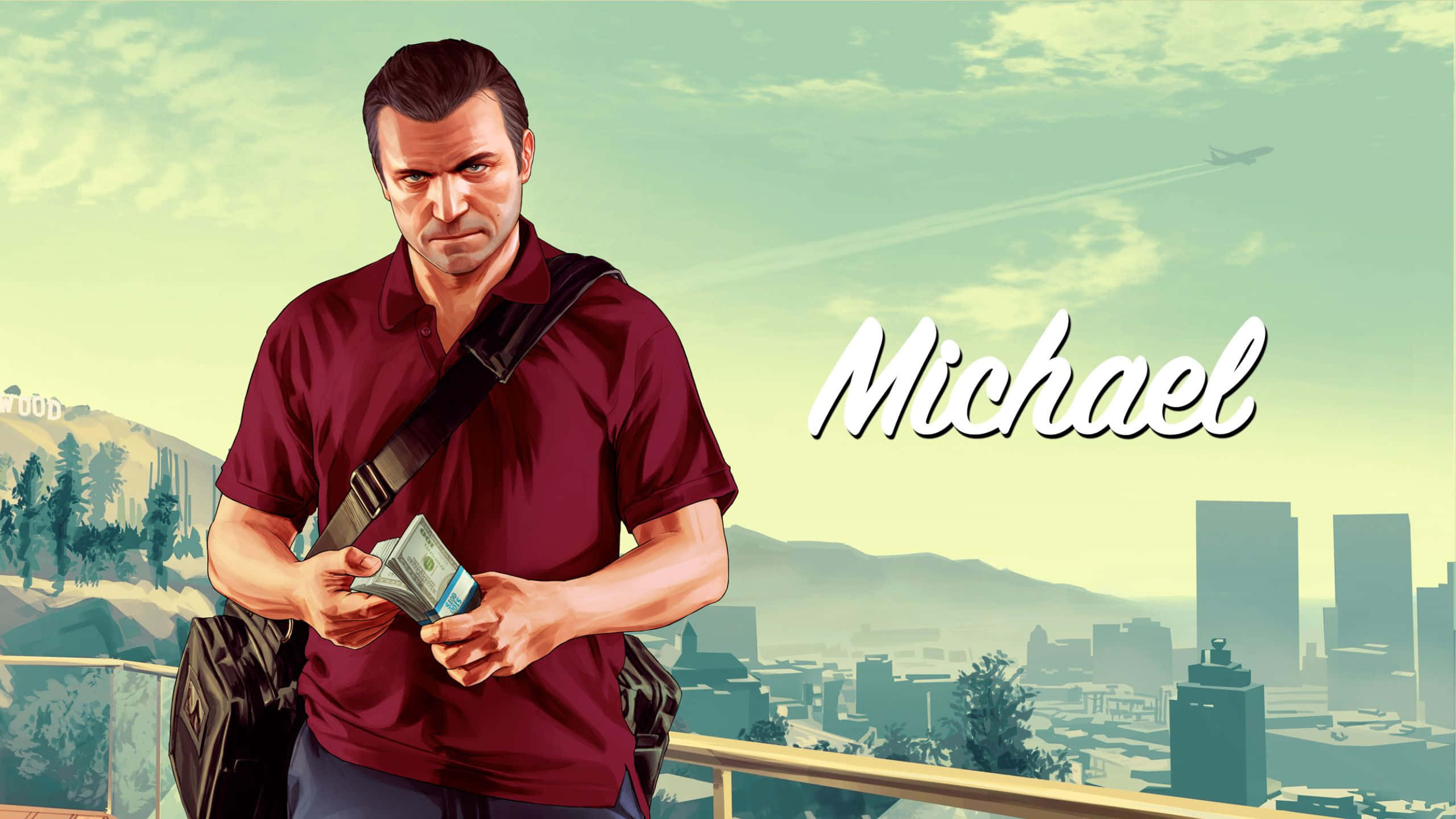 Grand Theft Auto V 桌布 壁紙 — 一名身穿栗色襯衫的男子在陽台上手持現金，俯瞰著煙霧瀰漫的城市景觀，遠處有山脈和飛機。