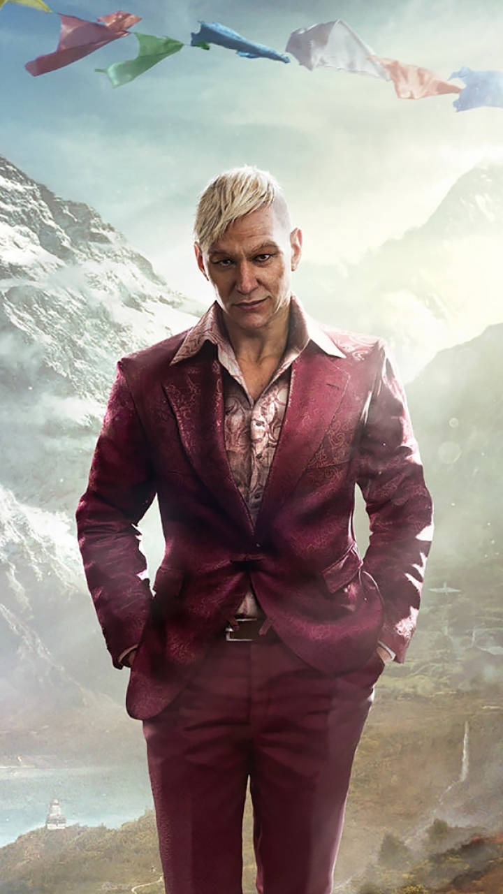 far cry iPhone 桌布 壁紙 — 一名身穿栗色西裝的男子自信地站在雪山前，五彩的經幡在頭頂飄揚。