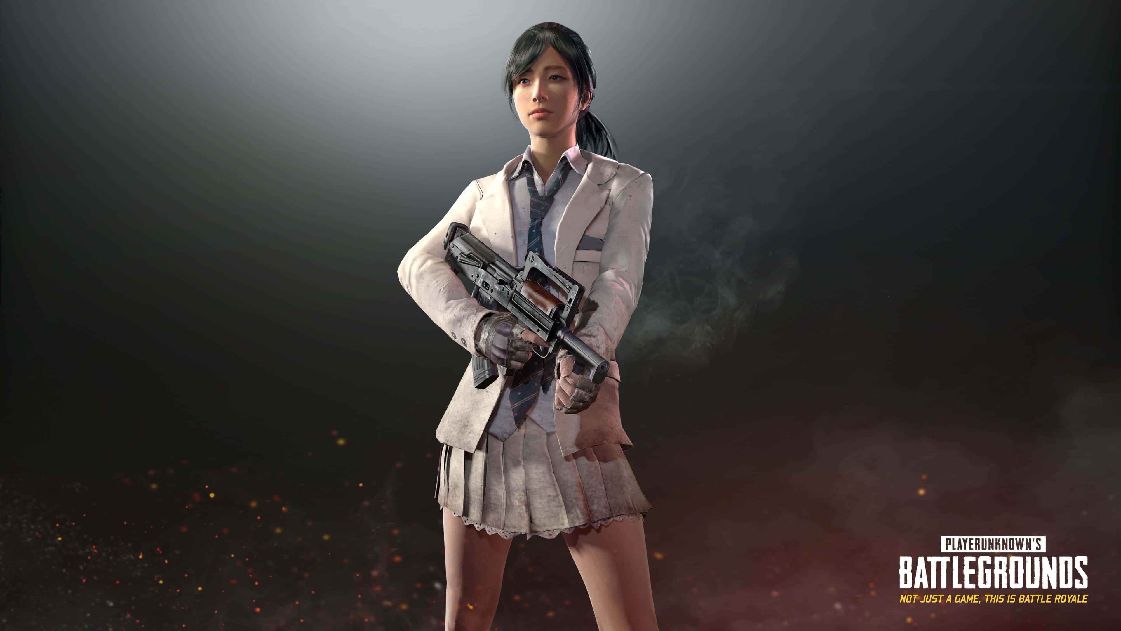 Best Playerunknown's Battlegrounds 桌布 壁紙 — 一名身穿校服的女兵在煙霧瀰漫的黑暗背景下，於戲劇性的聚光燈下手持步槍。