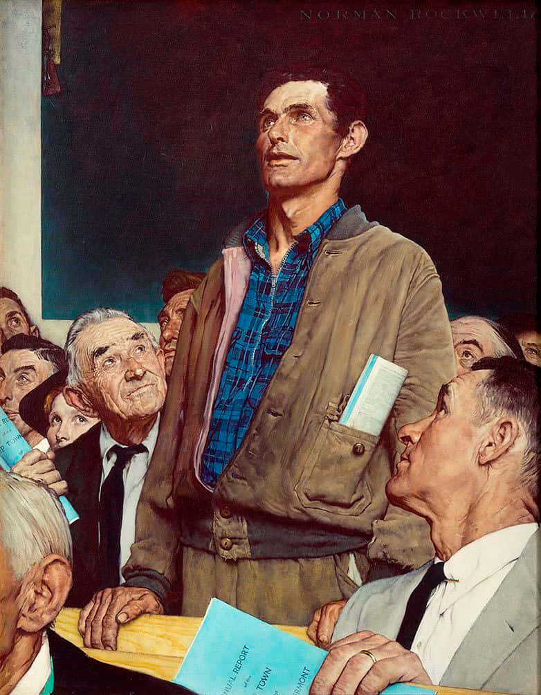 Norman Rockwell 桌布 壁紙 — 一名身穿格紋襯衫和舊外套的男子在鎮會議上手持報告，鎮民神情嚴肅地看著。