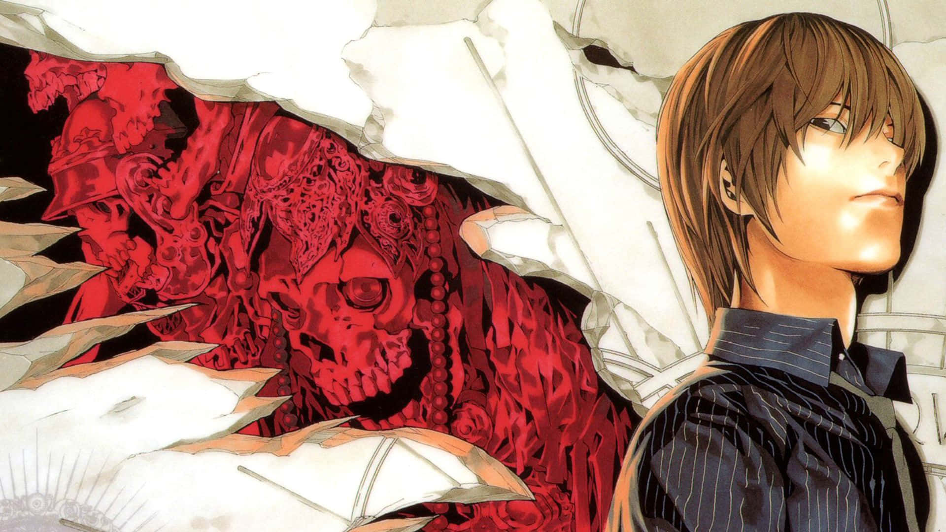 Light Yagami 桌布 壁紙 — 一名身穿條紋襯衫的年輕男子站在一道破損的白牆前，牆後露出一個帶有骷髏和華麗圖案的怪誕紅色惡魔形象。