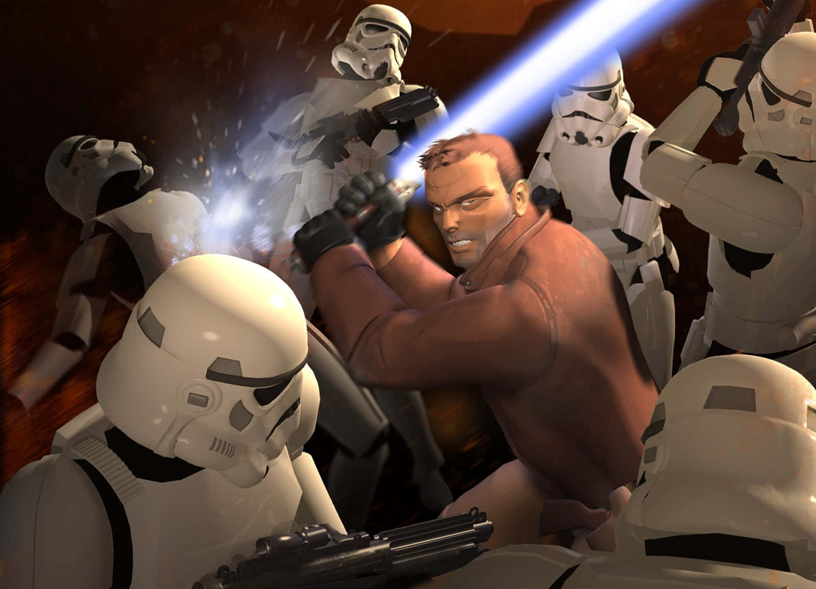 Jedi Knight 桌布 壁紙 — 一名身穿棕色外套的男子在火熱的戰鬥場景中，用藍色光劍與風暴兵戰鬥。