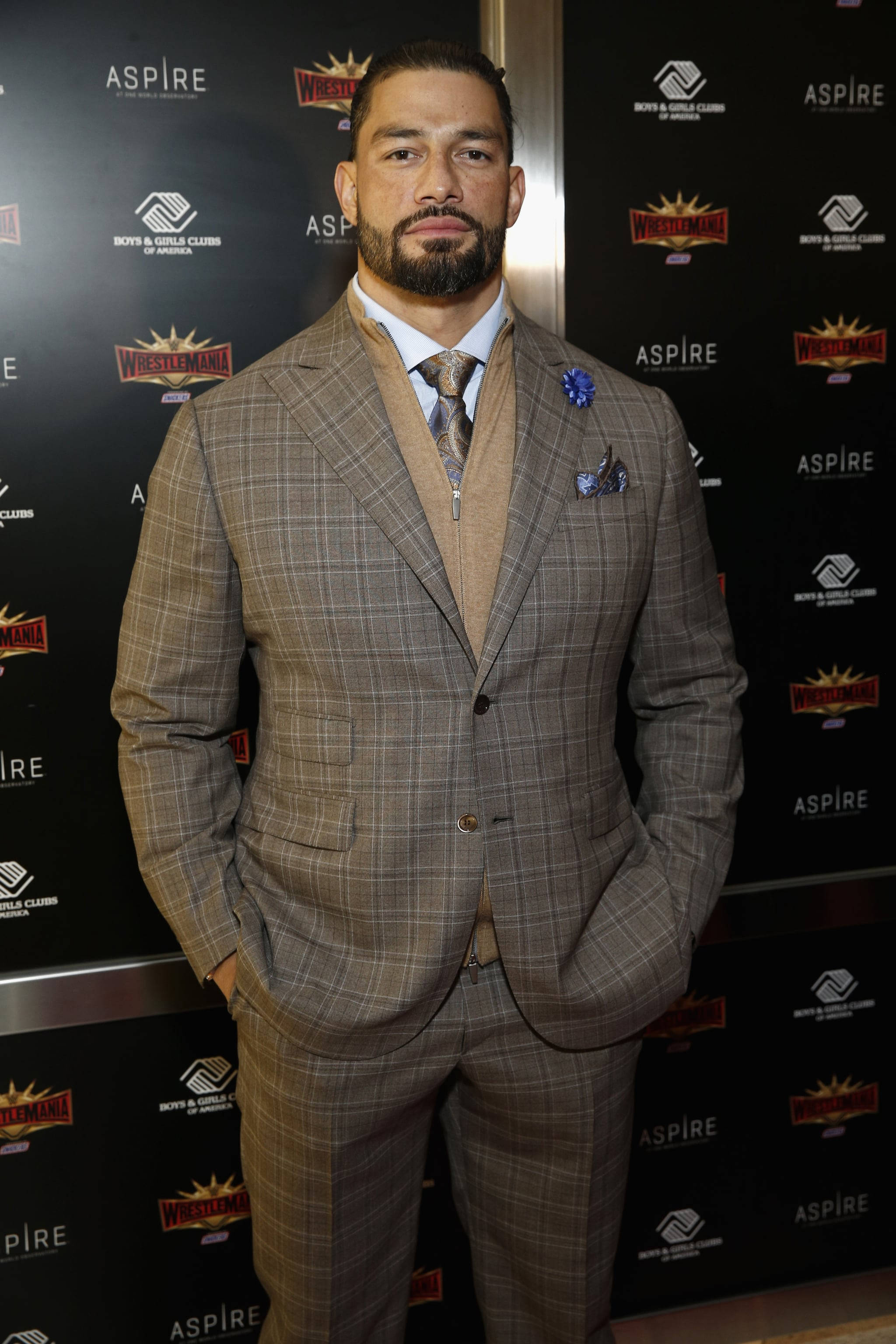 Roman 桌布 壁紙 — 一名身穿棕色格紋西裝的男子在WWE活動中自信地站立，背景帶有品牌標誌。