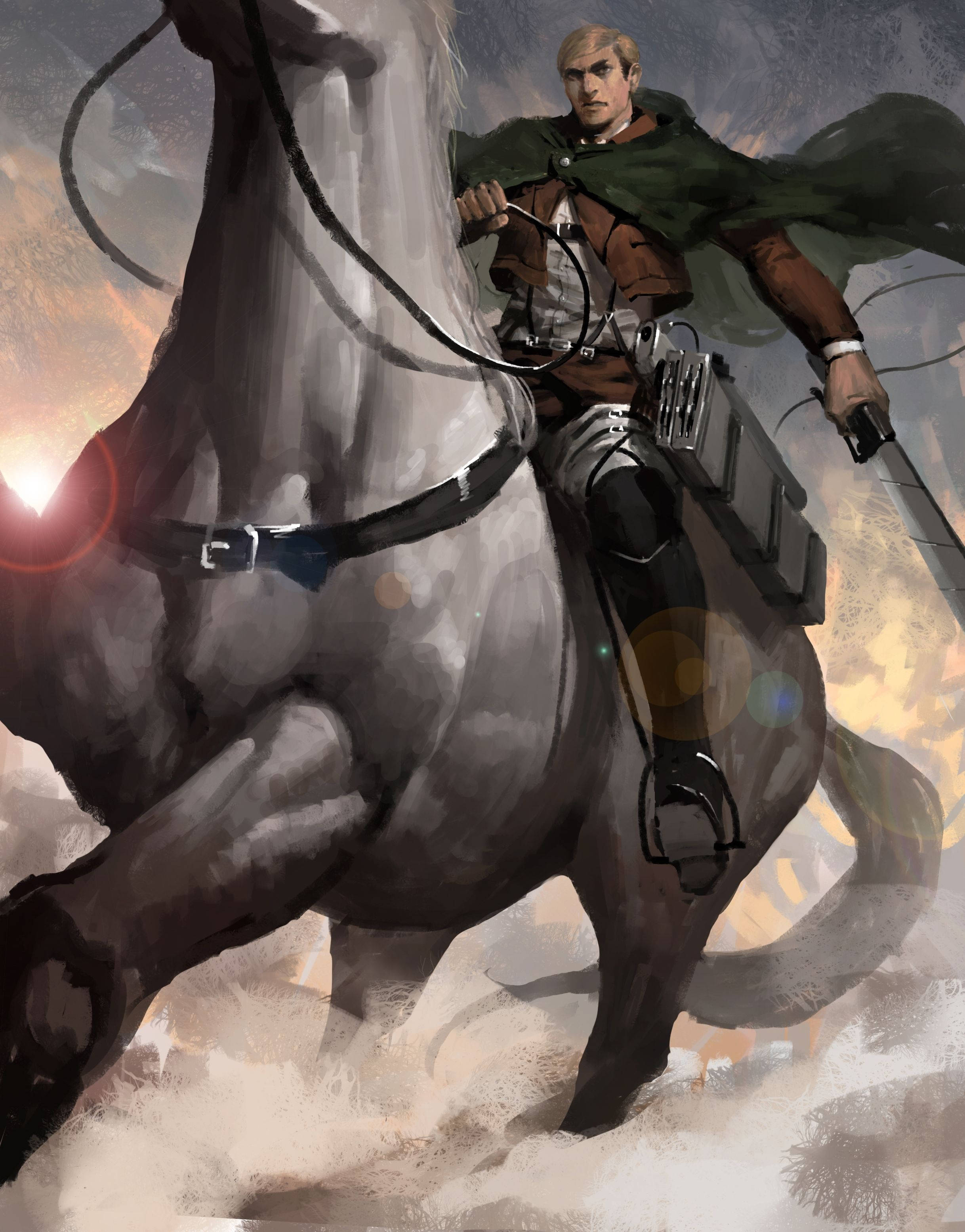 Erwin 桌布 壁紙 — 一名身穿棕色盔甲的戰士騎著一匹奔騰的白馬，背景是帶有鏡頭光暈的熾熱日落天空。
