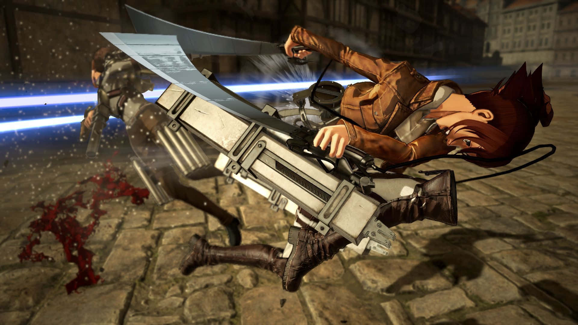 Aot 2 Final Battle 桌布 壁紙 — 一名身穿棕色裝備的戰士在半空中揮舞巨劍，斬開鵝卵石街道上方發光的藍色能量屏障。