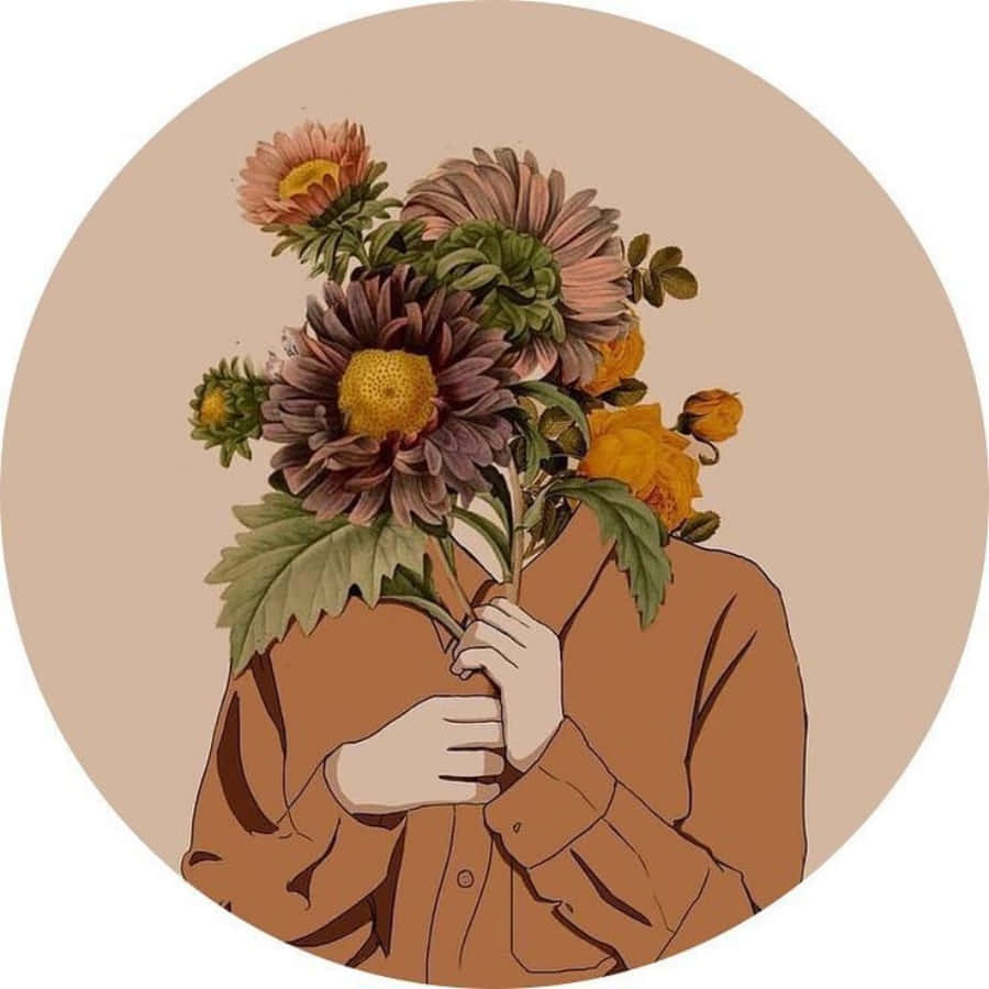 藝術 桌布 壁紙 — 一名身穿棕色襯衫的人手持一束鮮豔的花束，遮住他們的臉，背景是柔和的米色。