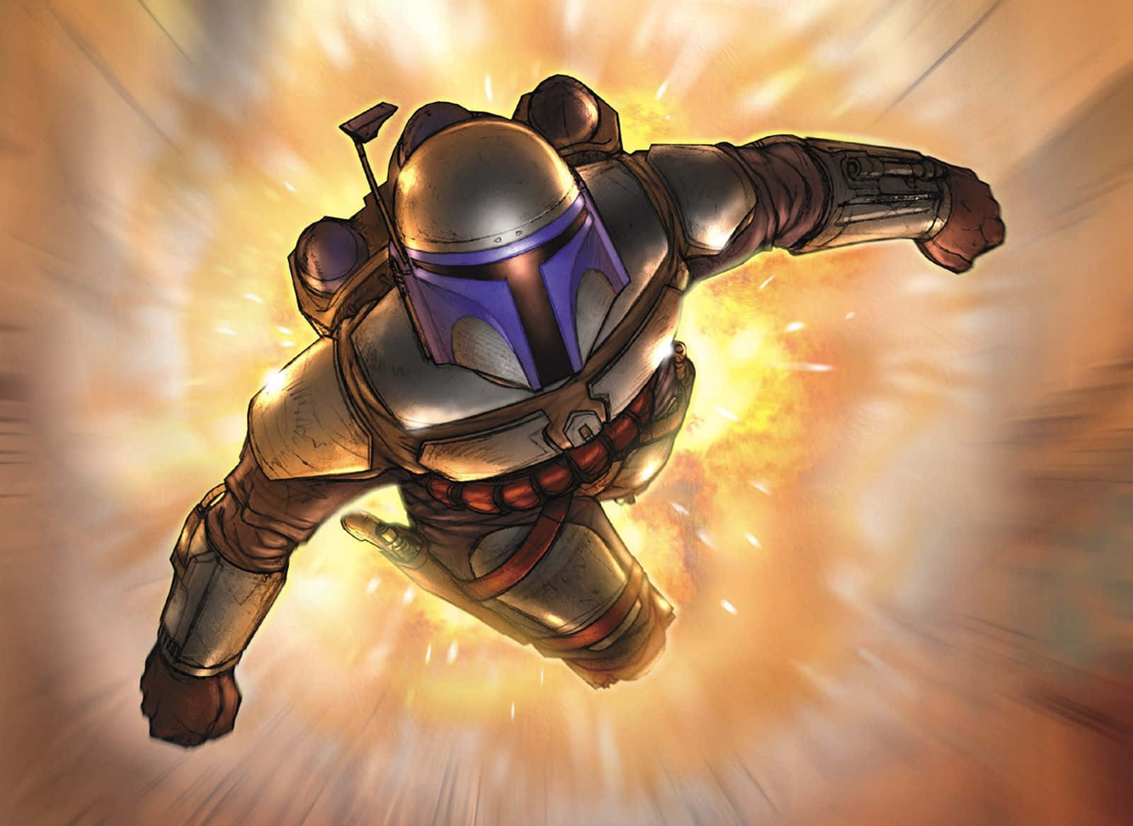 Bounty Hunters 桌布 壁紙 — 一名身穿標誌性盔甲的曼達洛戰士，在動態模糊效果下，衝過熾熱的爆炸。