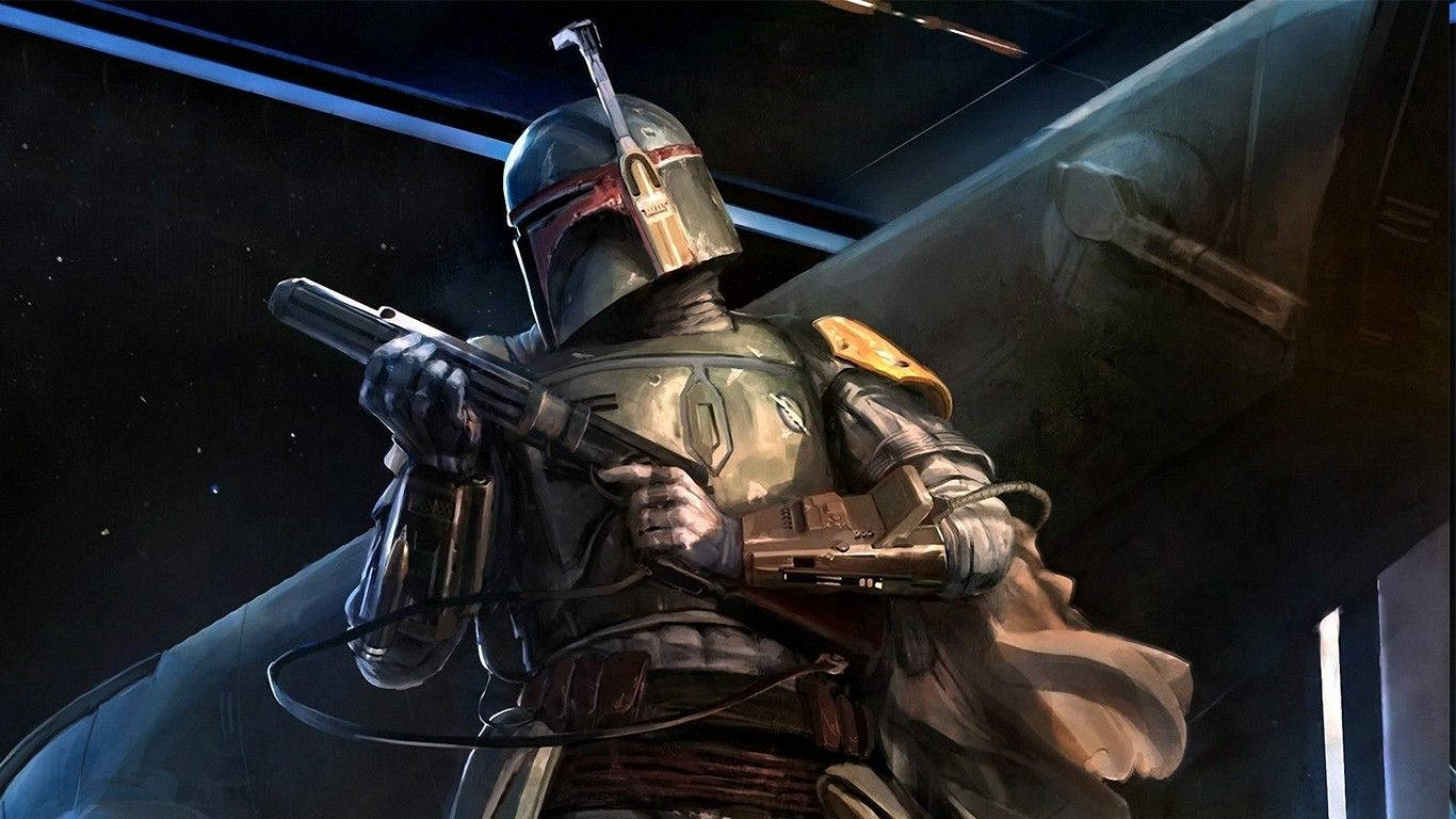 Boba 桌布 壁紙 — 一名身穿標誌性盔甲的賞金獵人，手持爆能槍，在星空背景下準備就緒。