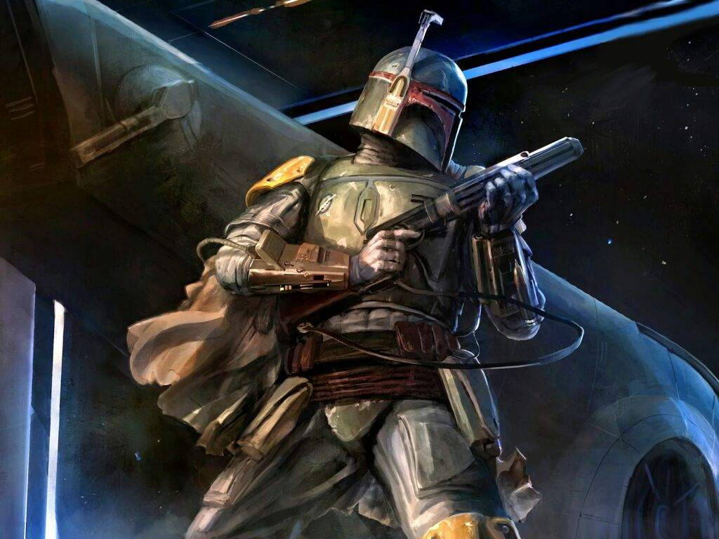 Boba 桌布 壁紙 — 一名身穿標誌性盔甲的賞金獵人，手持爆能槍，在星空背景下準備就緒。