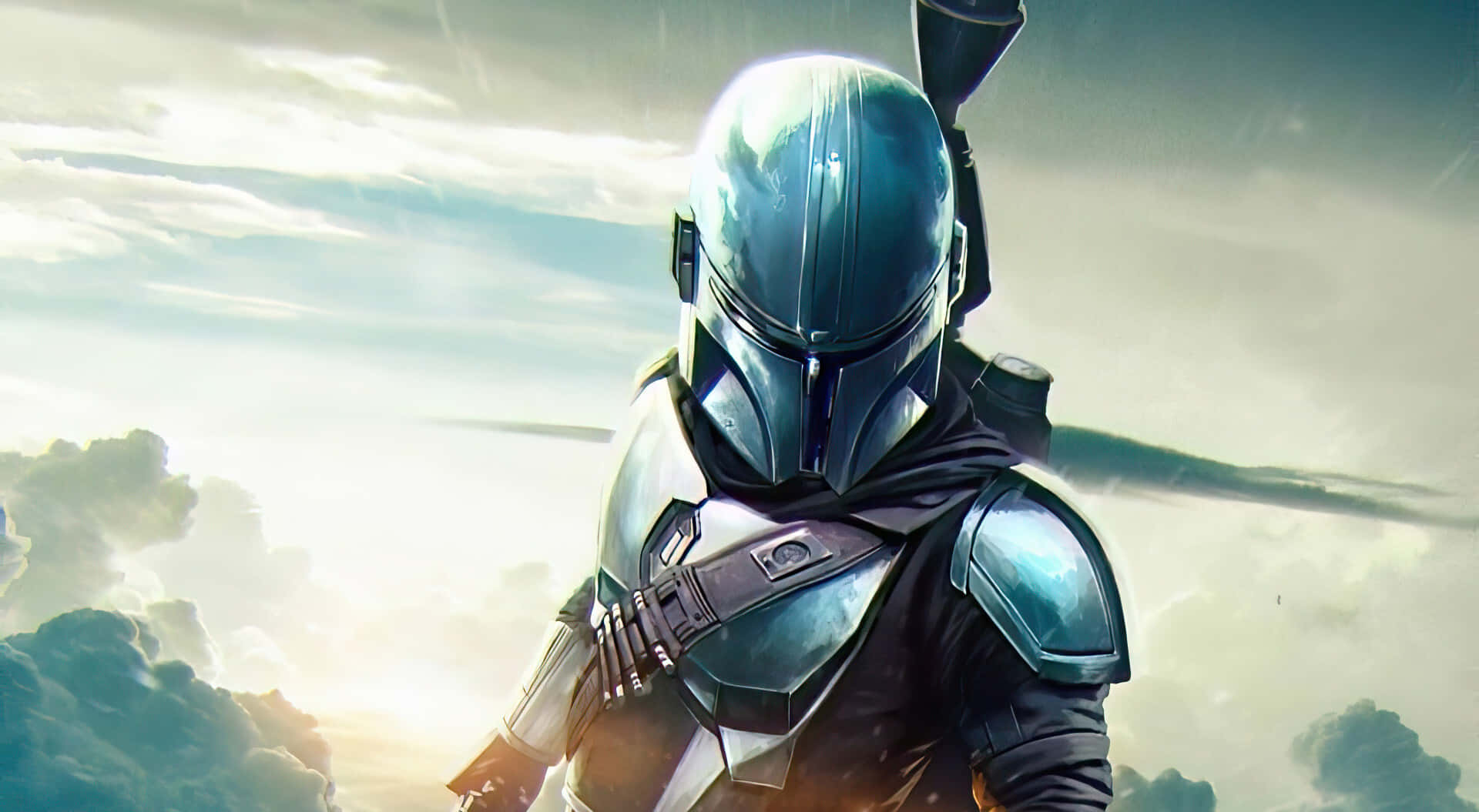 Bounty Hunters 桌布 壁紙 — 一名身穿標誌性藍色盔甲的曼達洛戰士，站在戲劇性的多雲天空下，陽光穿透雲層。