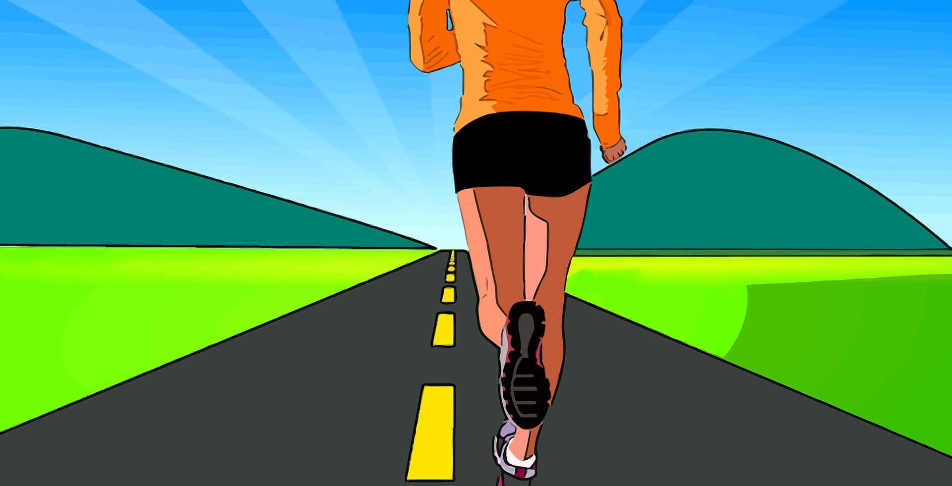 Exercise 桌布 壁紙 — 一名身穿橙色上衣和黑色短褲的跑者，在兩旁是充滿活力的綠色山丘的道路上，在藍天白雲和陽光照射下向前邁進。