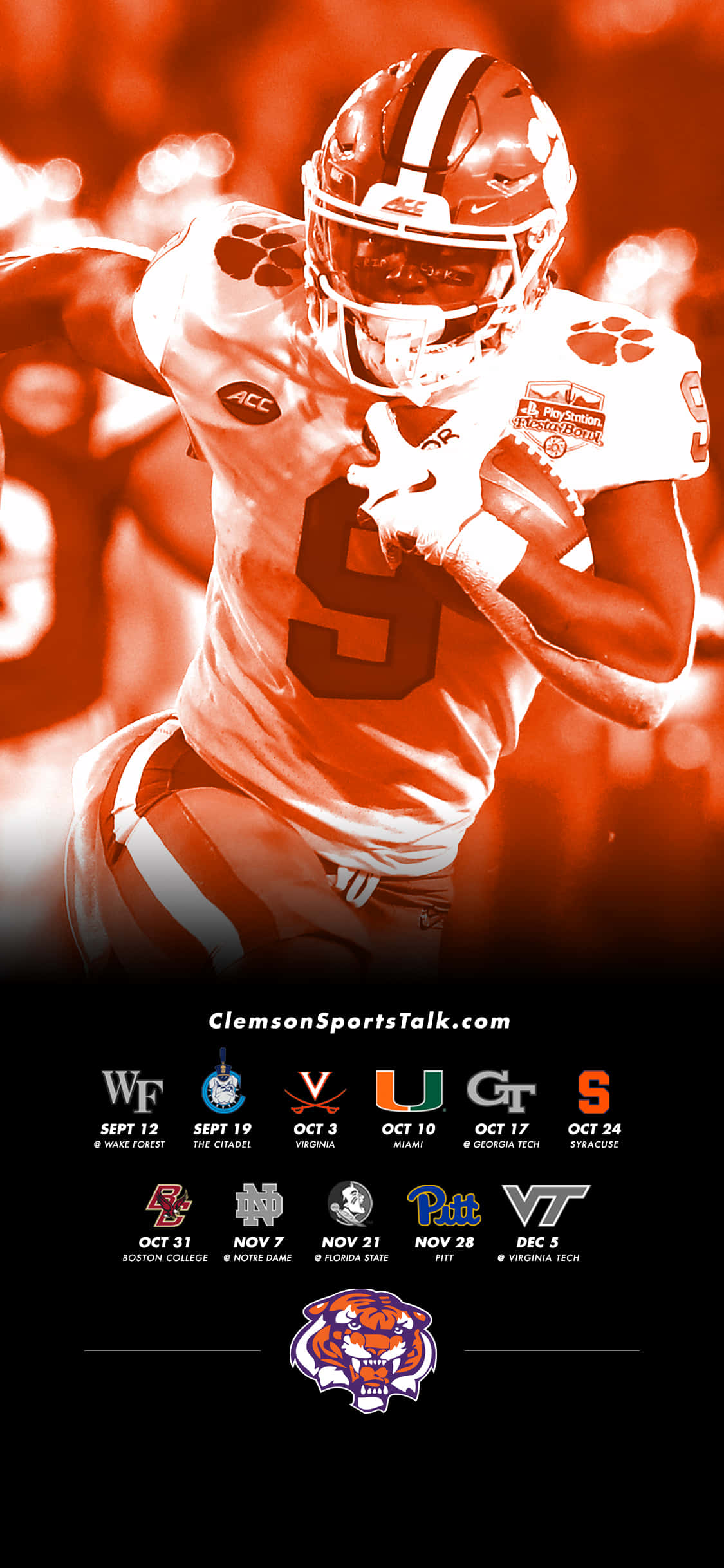 Clemson iPhone 桌布 壁紙 — 一名身穿橙色和白色裝備的克萊姆森足球員，在熾熱的橙色背景下持球奔跑，下方顯示比賽日程詳情。