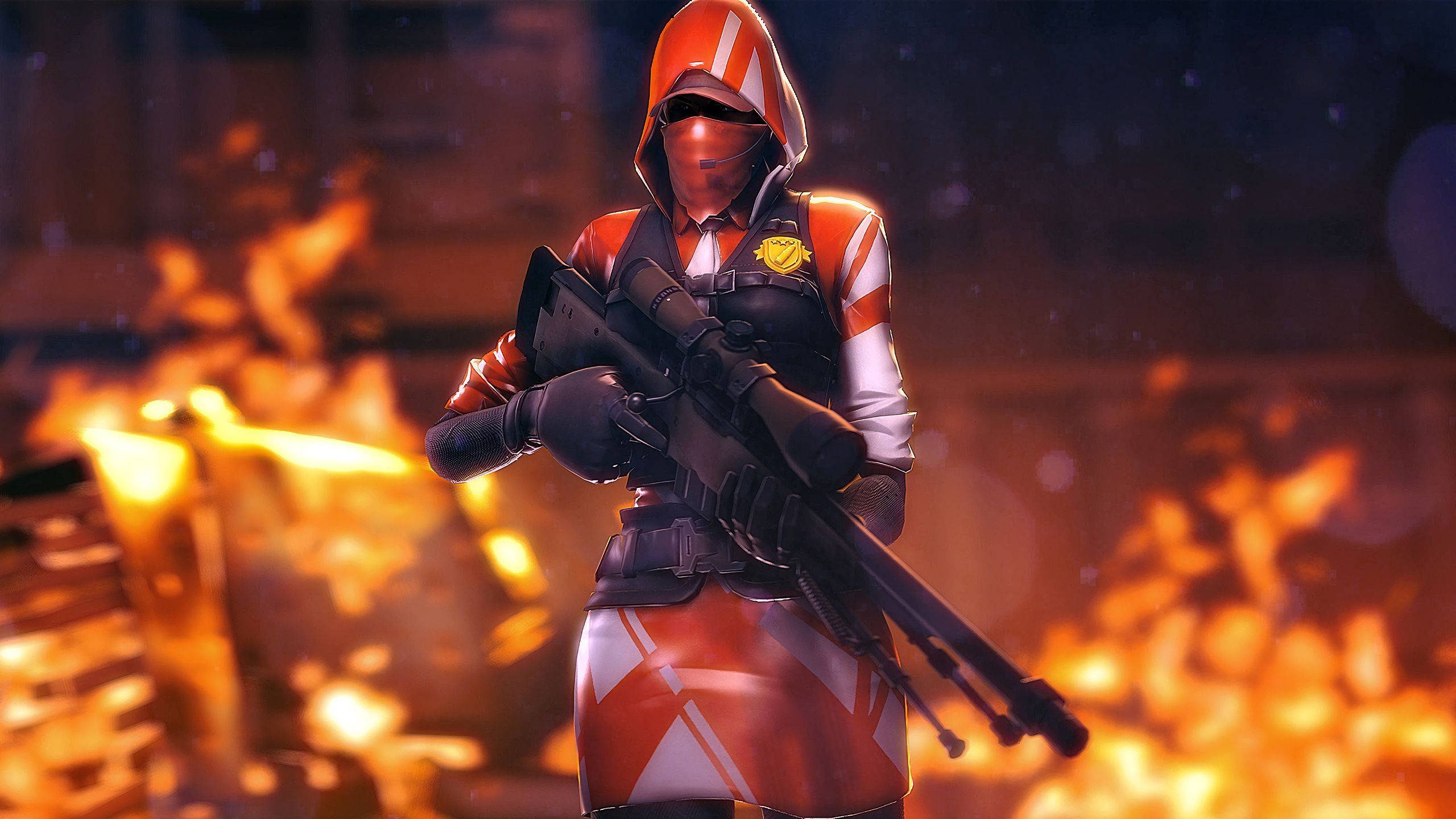 Fortnite 桌布 壁紙 — 一名身穿橙色和白色裝備的狙擊手，在熾熱爆炸的背景下持步槍準備就緒。
