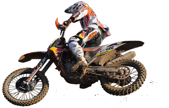 Motocross 桌布 壁紙 — 一名身穿橙色和白色裝備的越野摩托車手，在泥濘的KTM越野摩托車上騰空，背景為純色。