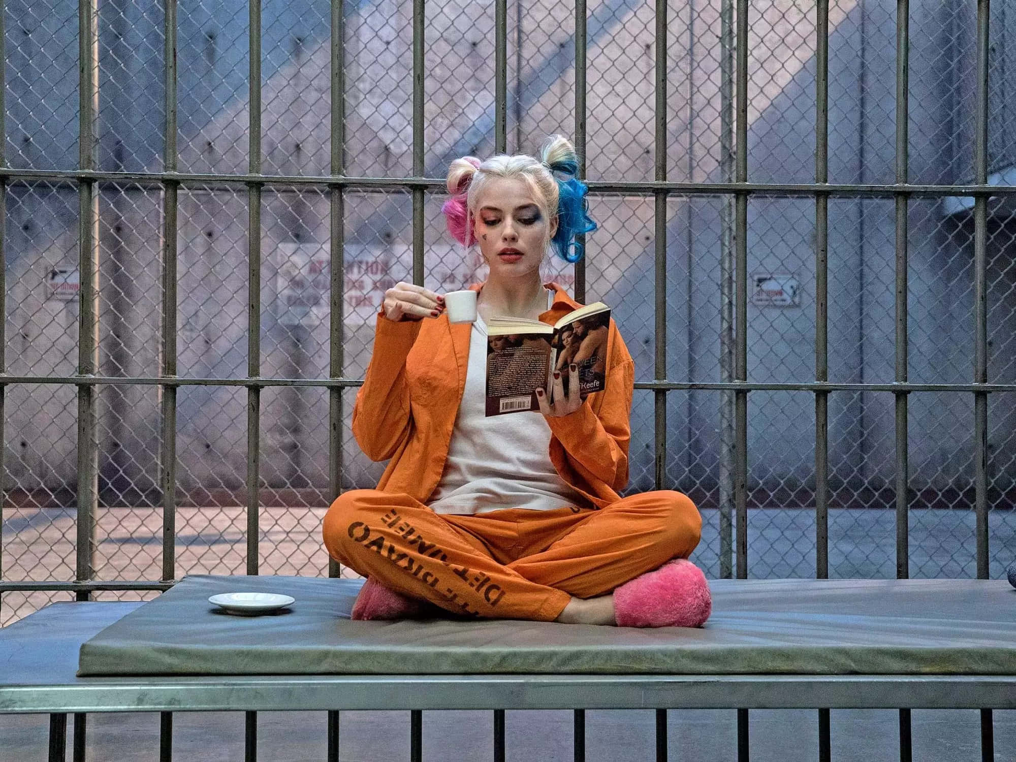 Suicide Squad 桌布 壁紙 — 一名身穿橙色囚衣的女子盤腿坐在金屬床上，在鐵絲網圍欄後面拿著杯子看書。