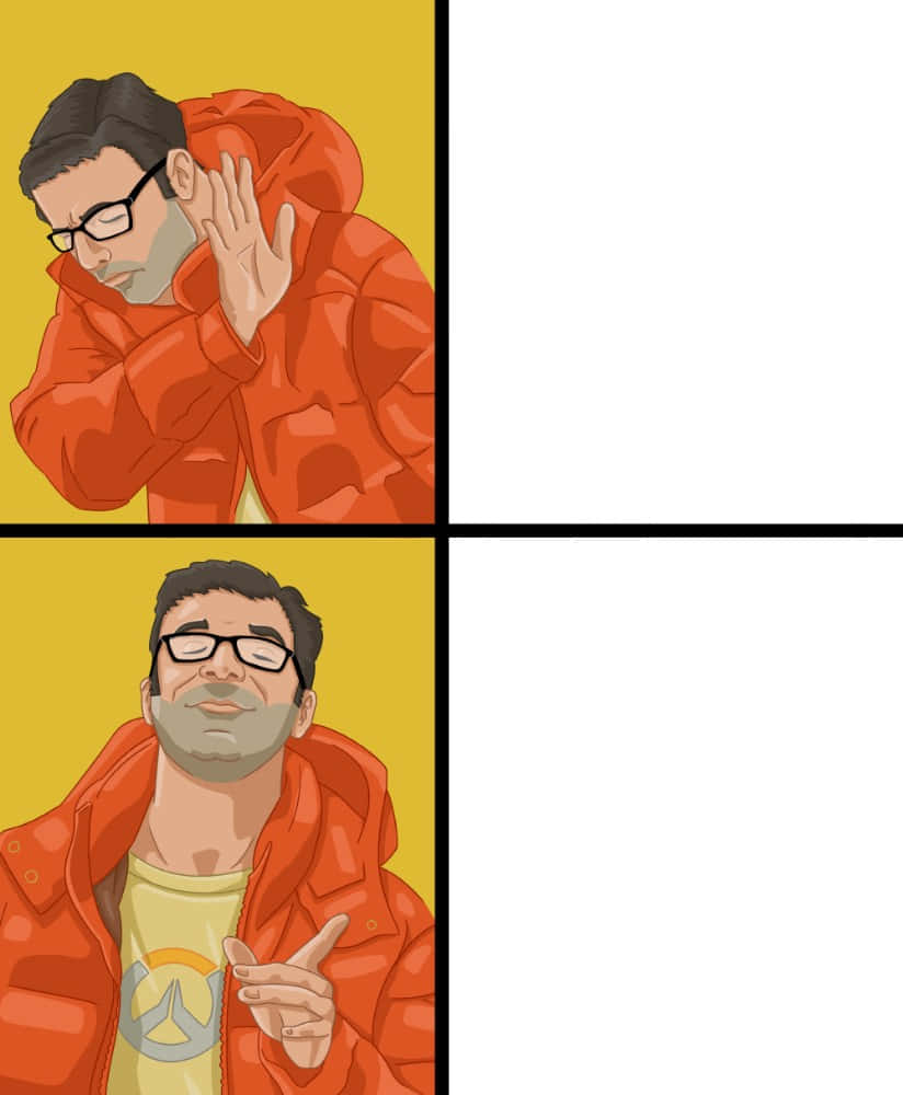 Blank Meme 桌布 壁紙 — 一名身穿橙色外套的男子遮住耳朵，然後微笑並自信地指向純黃色背景。