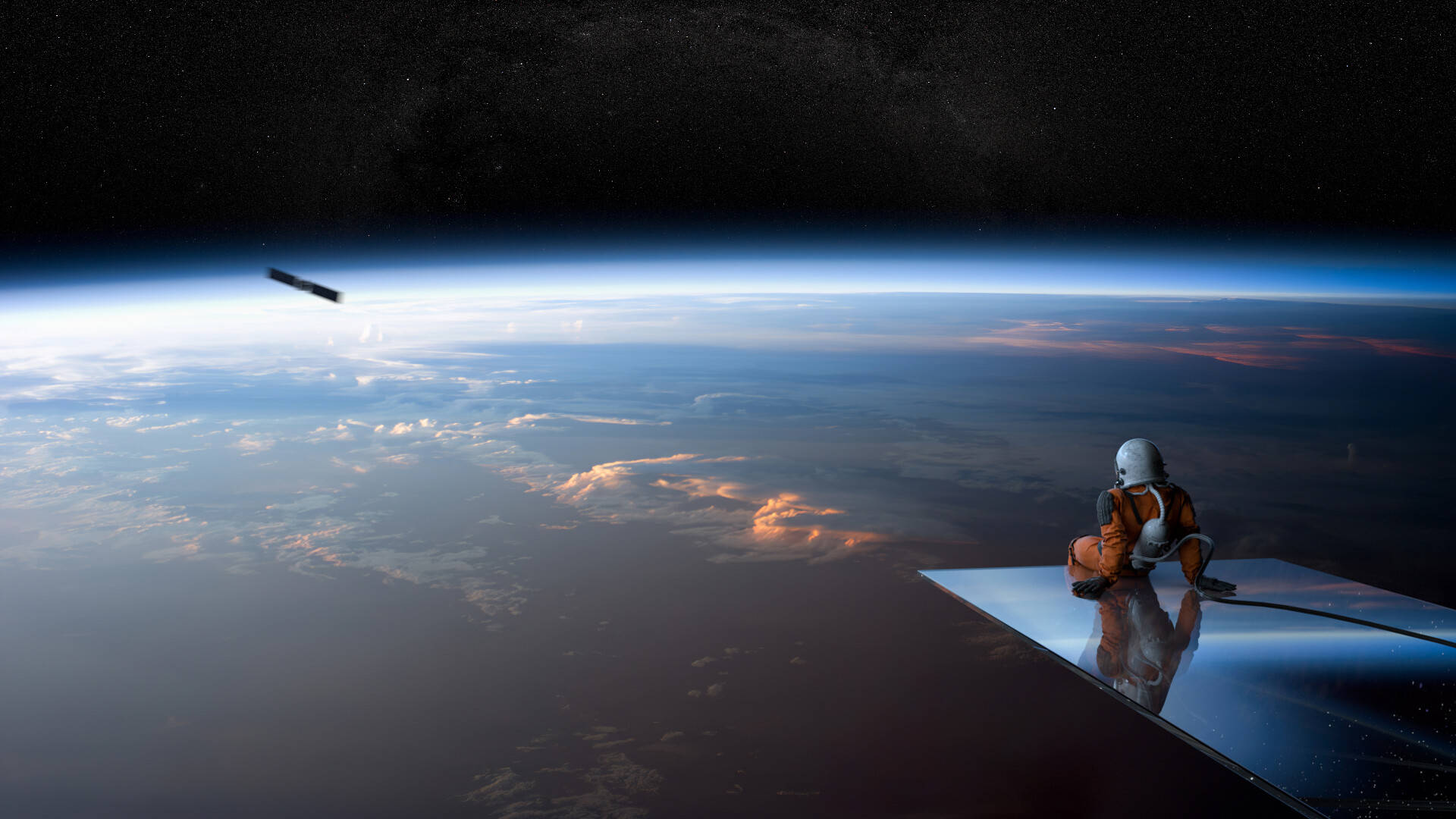 Astronaut In Space 桌布 壁紙 — 一名身穿橙色太空衣的太空人坐在太空站平台上，凝視著地球彎曲的地平線，下方有雲層和藍色大氣層。