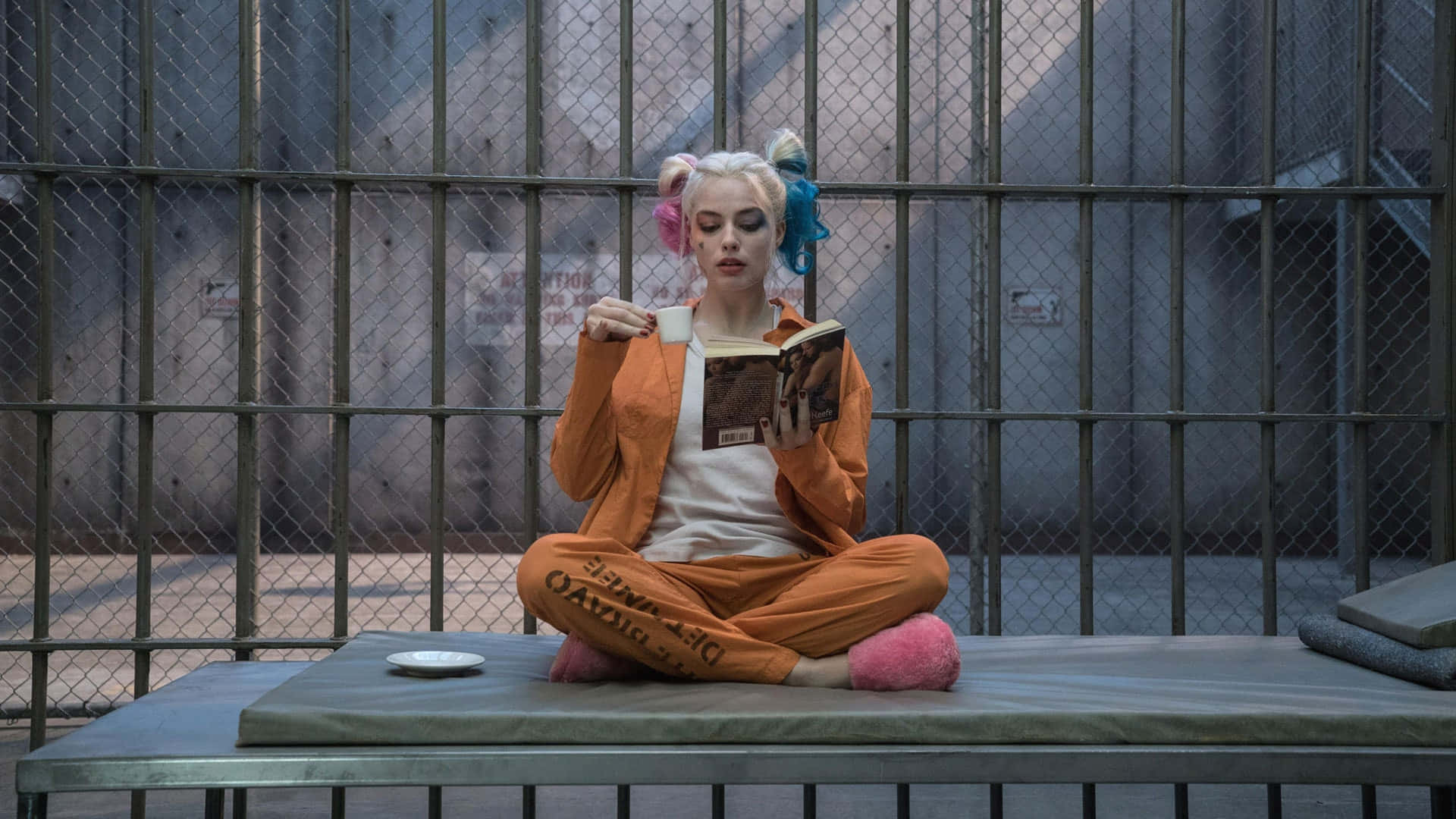 Margot Robbie Harley Quinn 桌布 壁紙 — 一名身穿橙色監獄連身衣的女子盤腿坐在金屬床上，在鐵絲網圍欄後面看書。