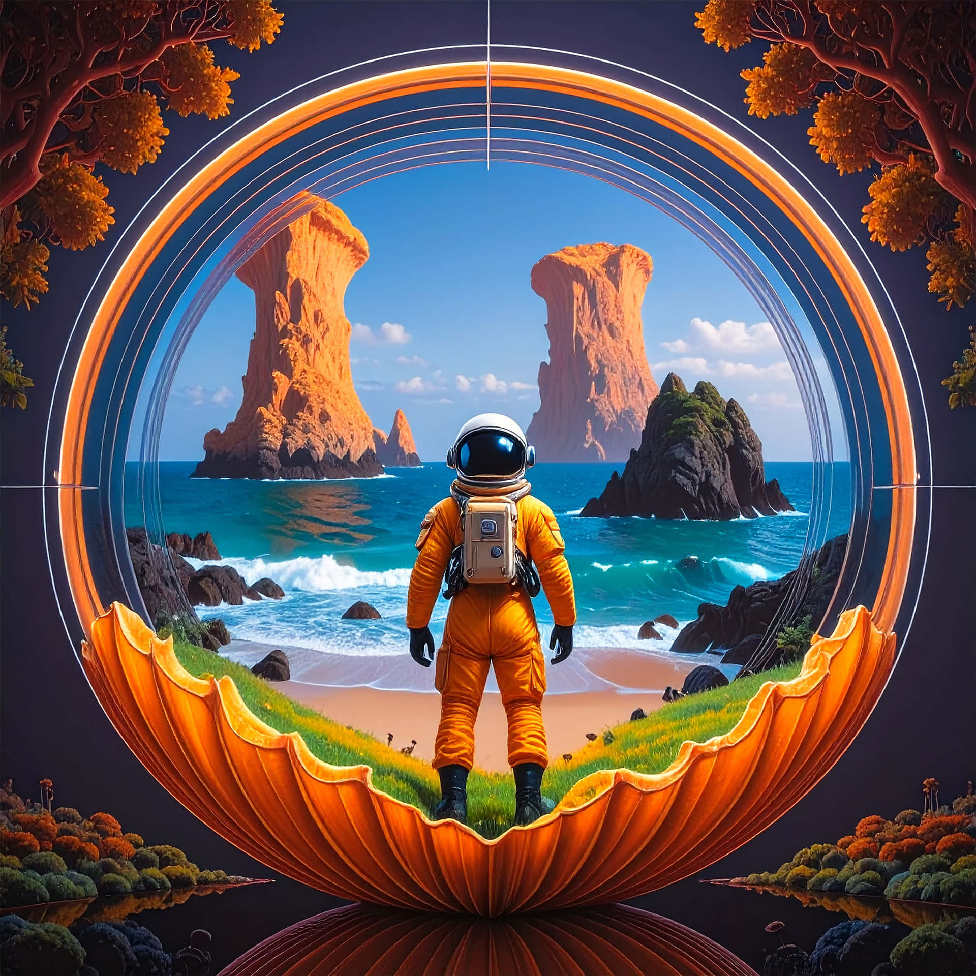 Astronaut 壁紙 — 一名身穿橙色裝備的太空人站在發光的橙色貝殼形平台上，透過圓形傳送門凝視著一個充滿活力的海灘，海灘上有高聳的岩層和碧綠的海浪。