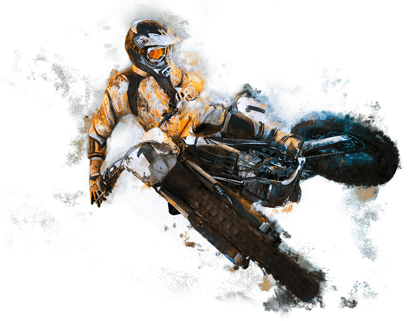Motocross 桌布 壁紙 — 一名身穿橙色裝備的越野摩托車手在黑色背景上，於潑漆效果中傾斜入彎。