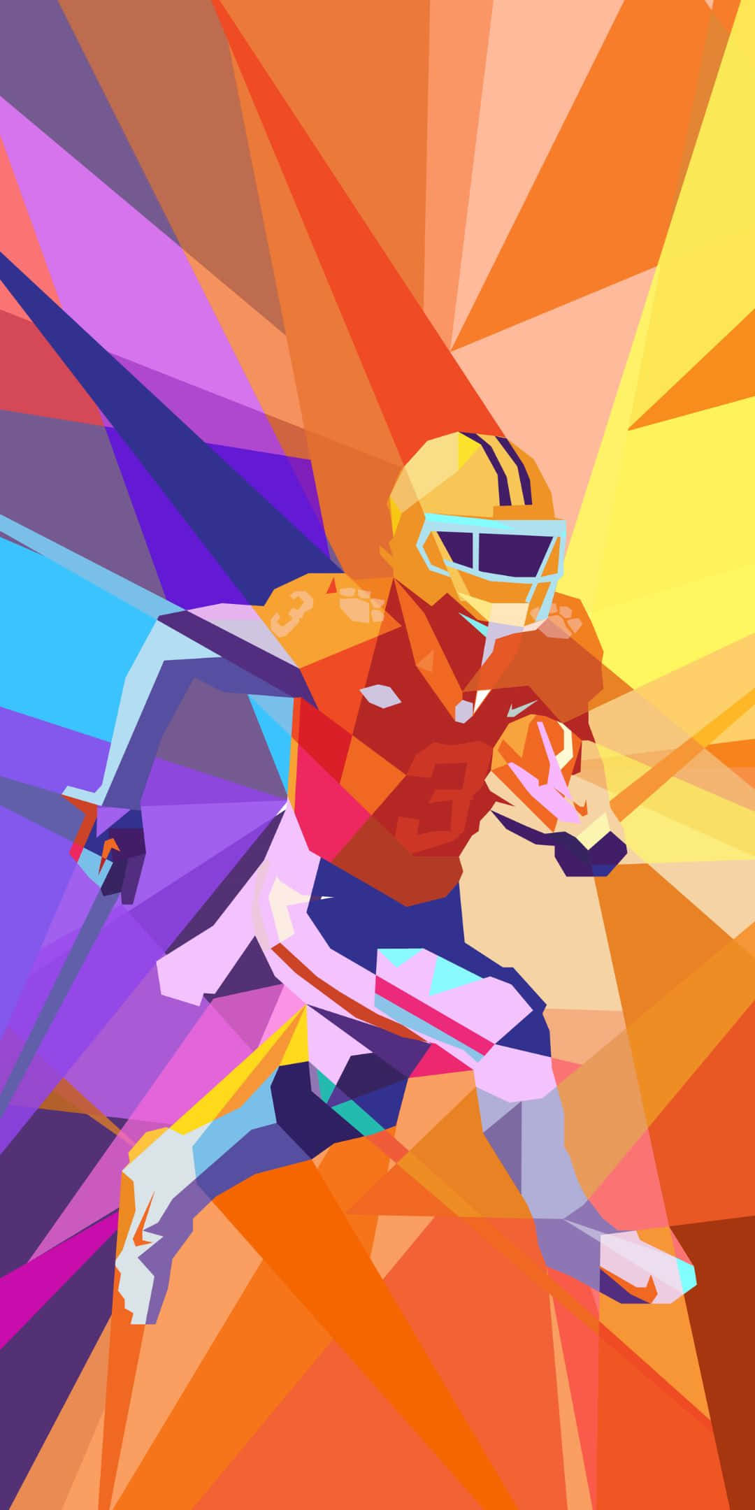 sport 桌布 壁紙 — 一名身穿橙色裝備的風格化足球運動員在充滿活力的橙、紫、黃色幾何背景前衝刺。