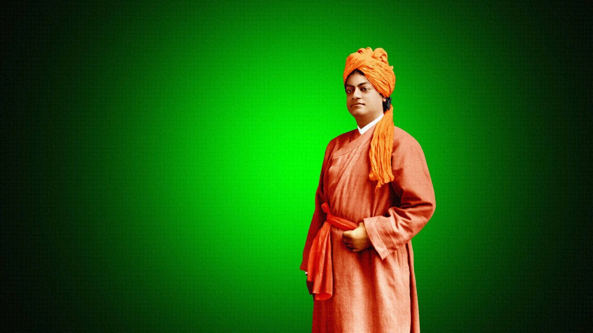 Swami Vivekananda 桌布 壁紙 — 一名身穿橙色長袍和頭巾的男子自信地站在充滿活力的綠色漸變背景前。