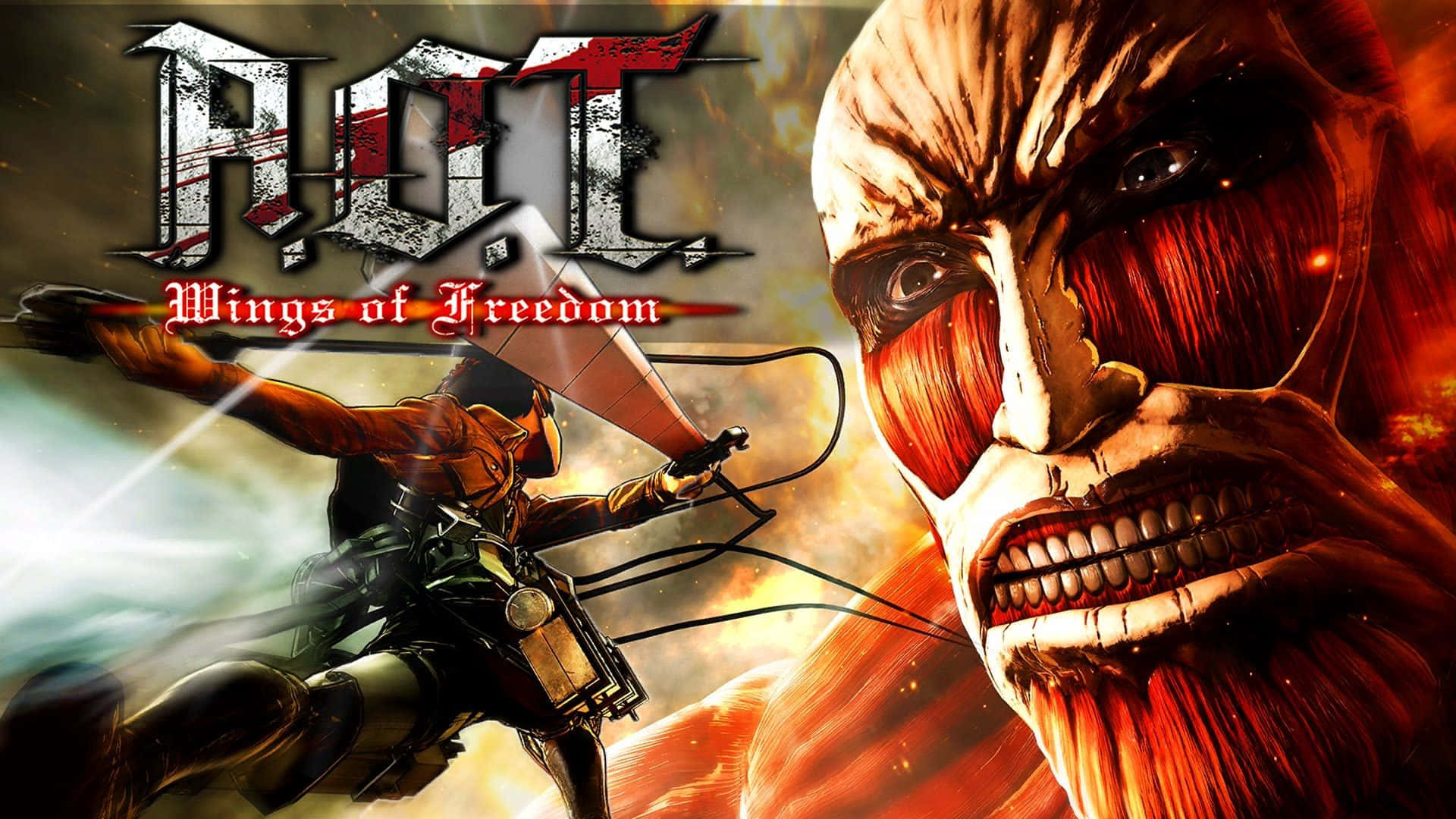 Aot Wings Of Freedom 桌布 壁紙 — 一名身穿機動裝置的士兵，在火紅的天空下，朝著一個擁有發光紅眼和露出牙齒的巨型人形巨人躍去。