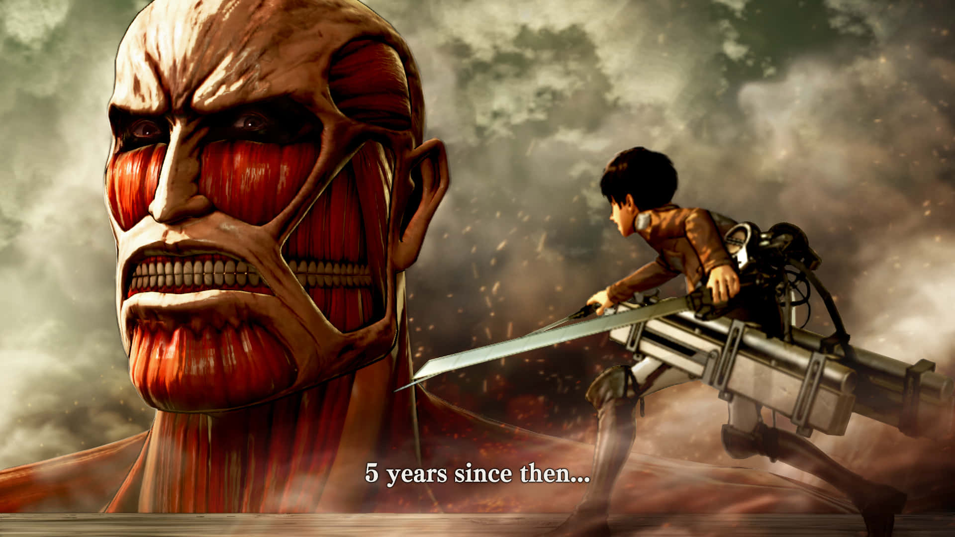 Attack On Titan Video Game 桌布 壁紙 — 一名身穿機械裝甲的年輕士兵，在暴風雨的天空下，揮劍衝向一個巨大、肌肉發達的泰坦。