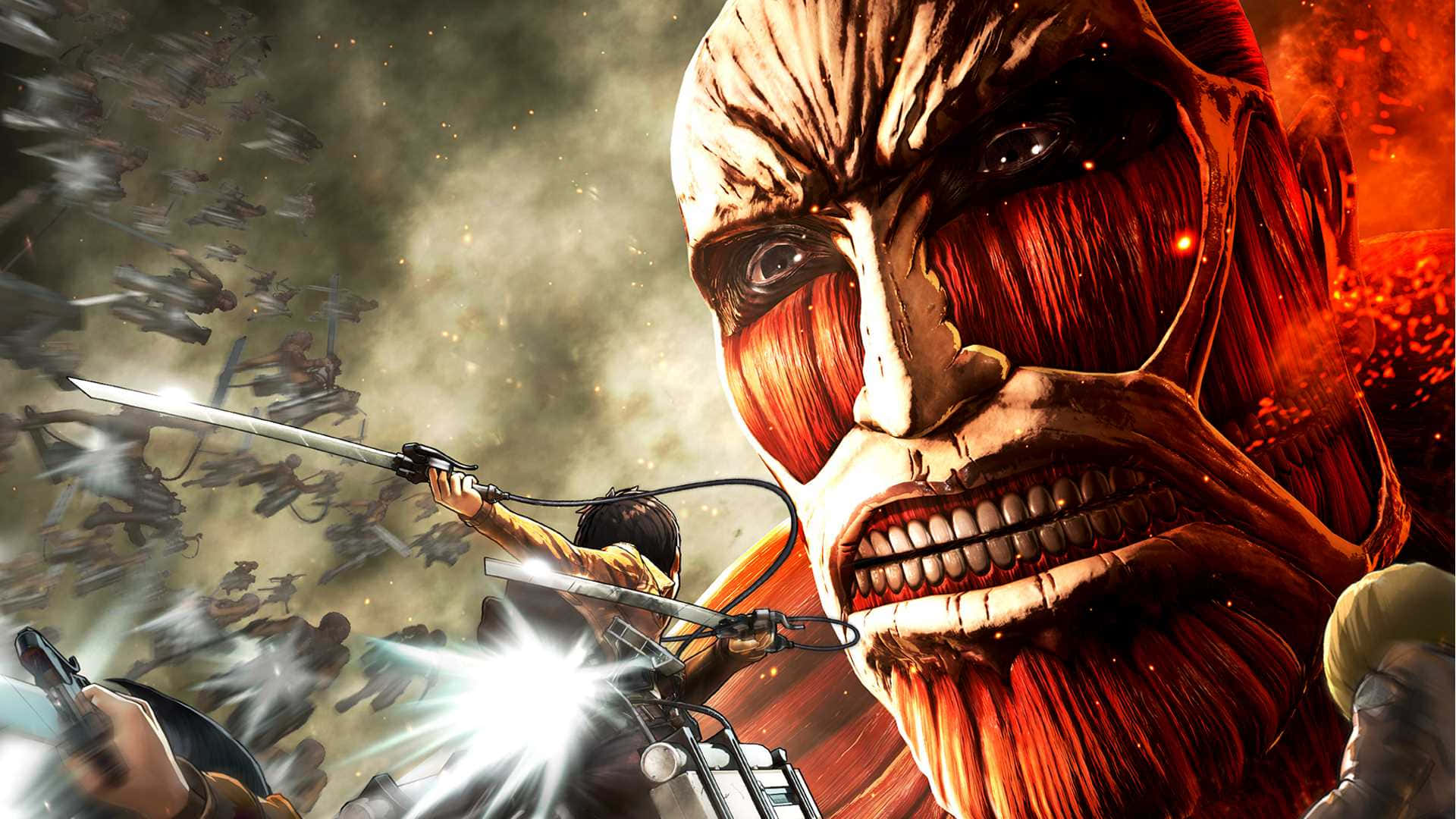 Attack On Titan Video Game 桌布 壁紙 — 一名身穿機械裝甲的戰士在混亂的戰場上與巨大的類人泰坦戰鬥，戰場上有墜落的士兵和熾熱的爆炸。