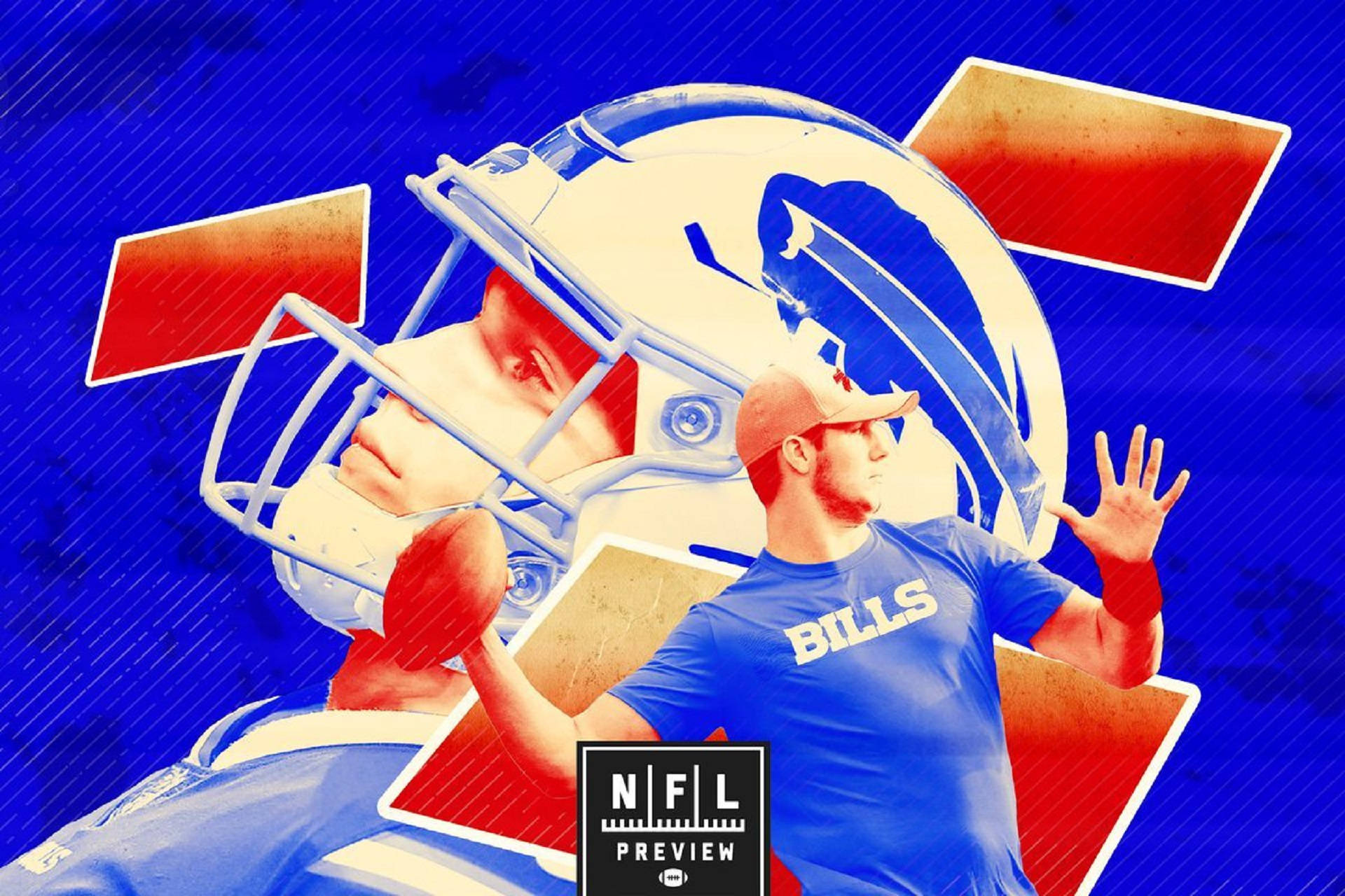 Josh 桌布 壁紙 — 一名身穿比爾隊球衣和頭盔的動感NFL美式足球員，從大膽的藍紅圖形設計中浮現。