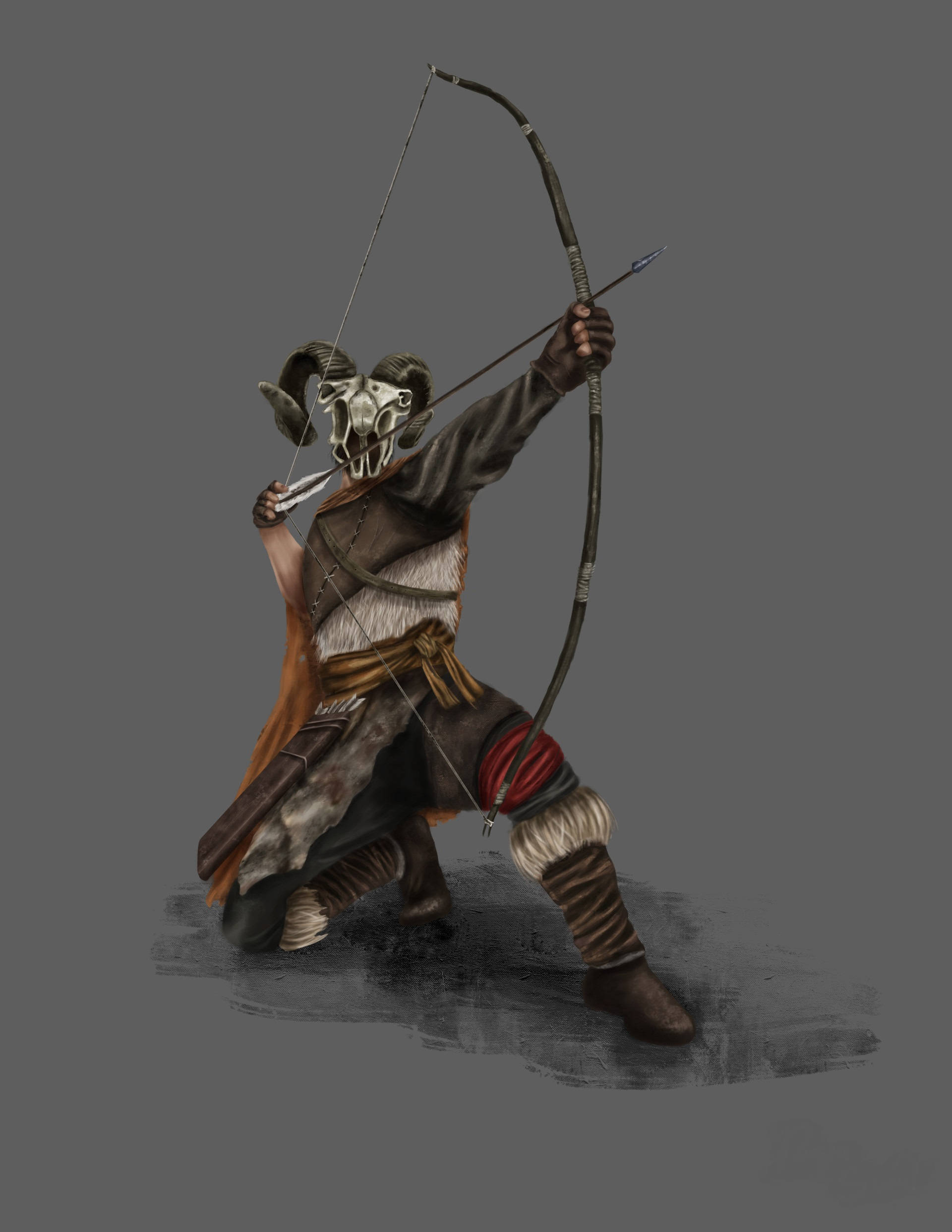 Archery 桌布 壁紙 — 一名身穿毛皮和骨甲的戰士，戴著公羊頭骨頭盔，在純灰色背景前拉弓。
