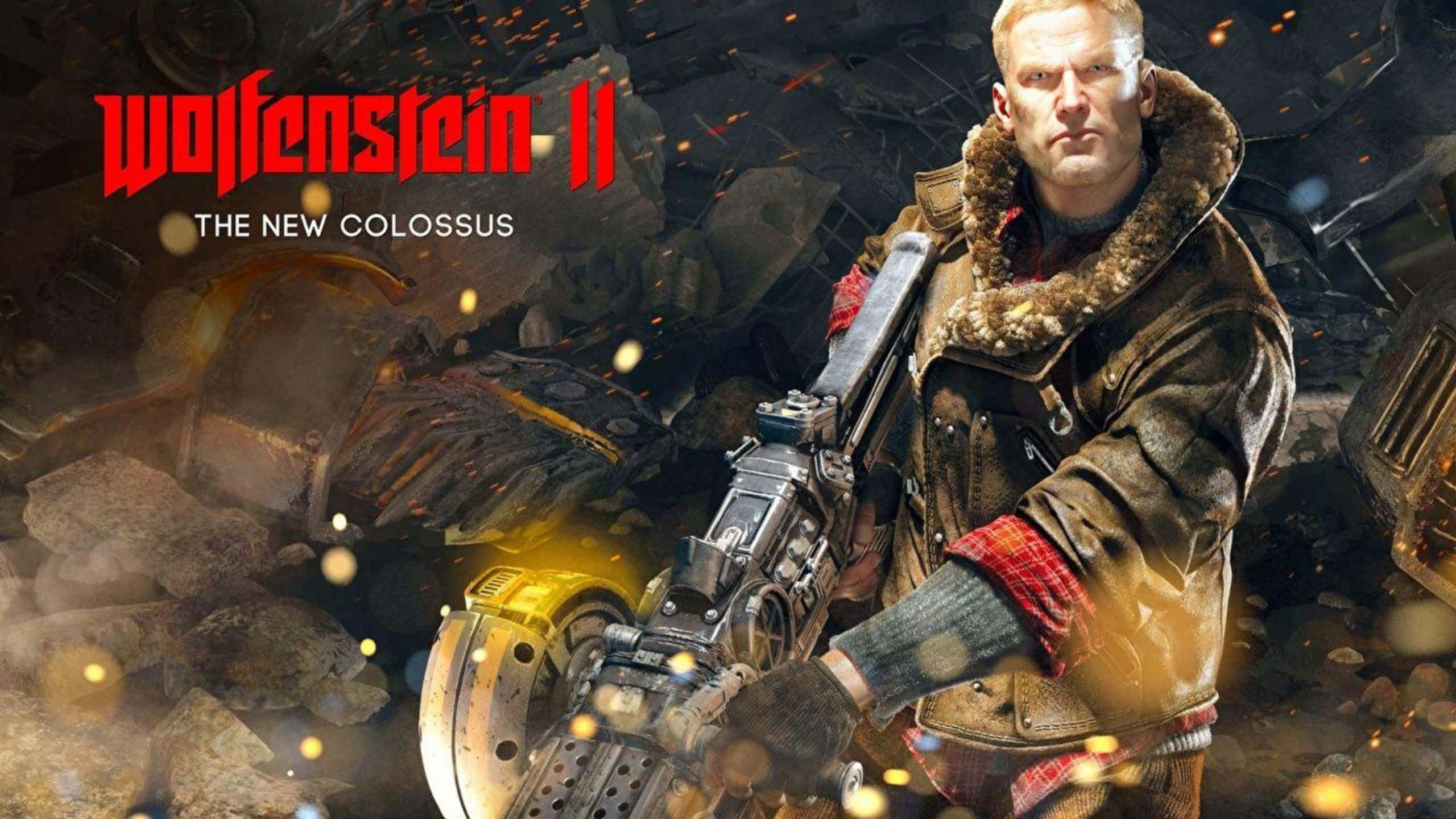Wolfenstein Ii 桌布 壁紙 — 一名身穿毛皮襯裡大衣的粗獷士兵，在戰火摧殘的環境中，於瓦礫和飛濺的火花之間緊握重型武器。