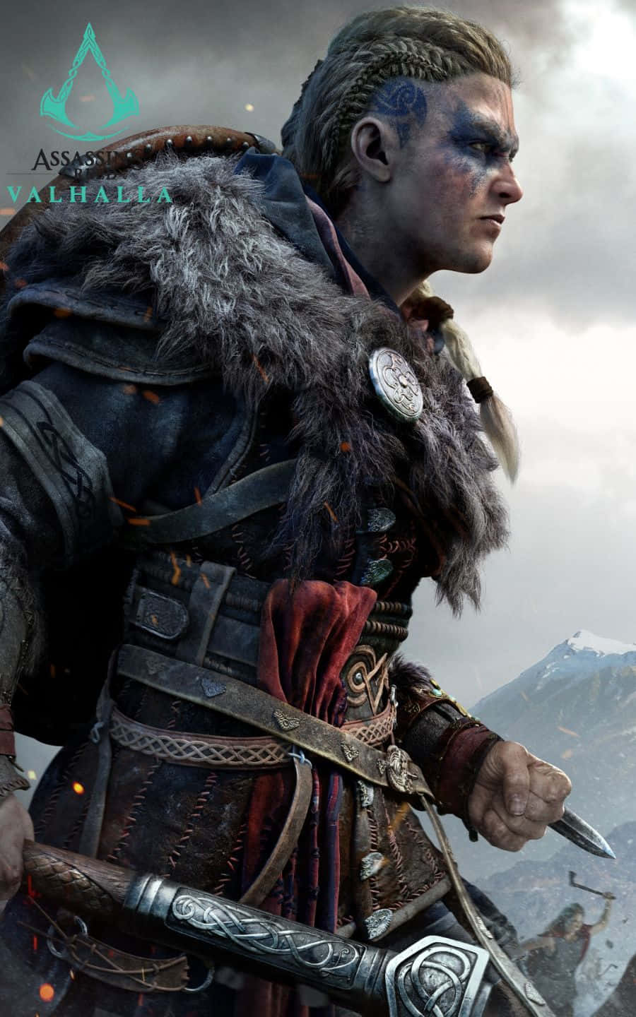 character 桌布 壁紙 — 一名身穿毛皮襯裡盔甲的維京戰士站在白雪覆蓋的山頂上，舉劍指向暴風雨的天空。