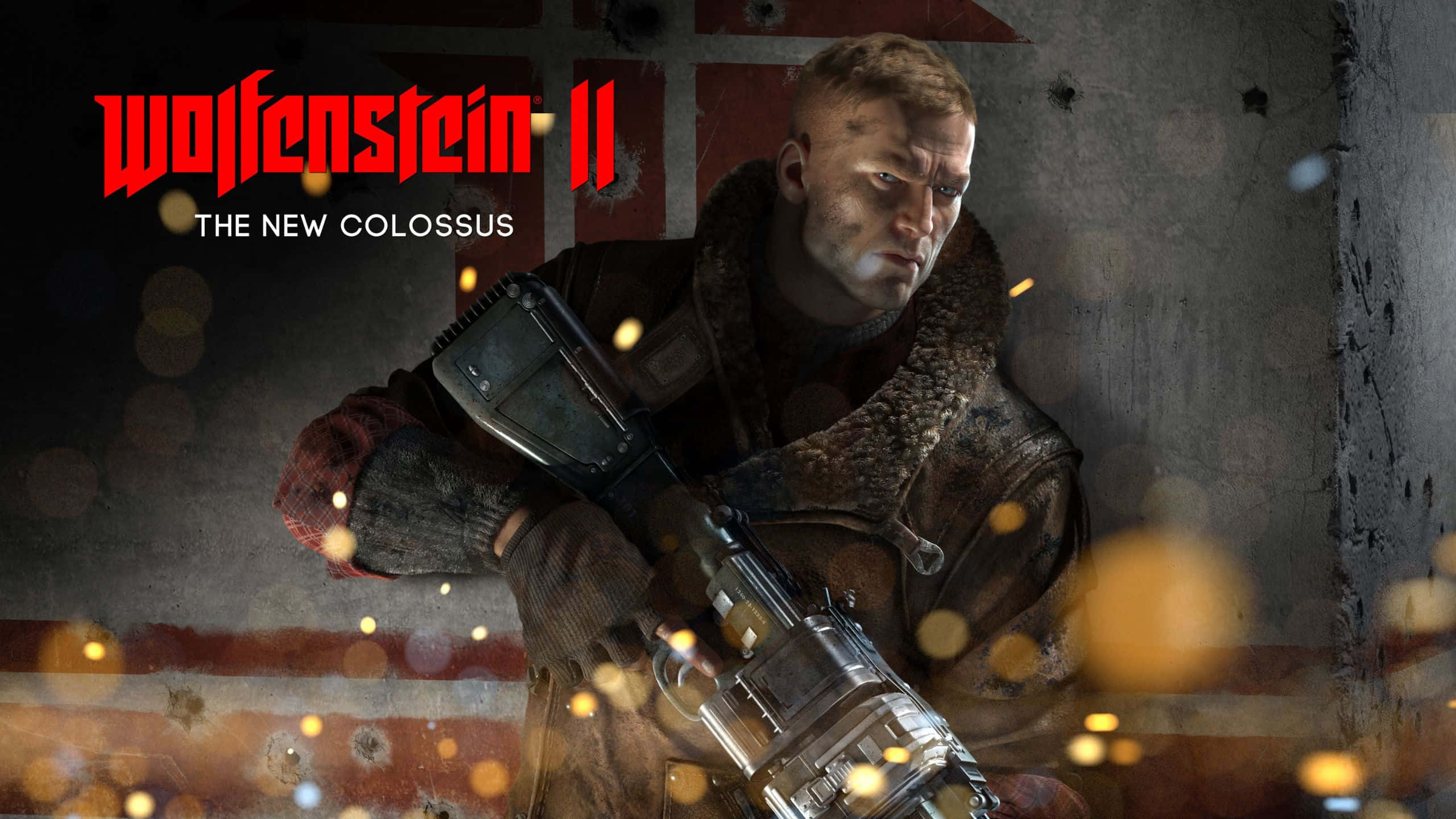 Wolfenstein Ii 桌布 壁紙 — 一名身穿毛領外套的粗獷士兵，在佈滿彈孔牆壁和閃爍火花的戰火摧殘走廊中，緊握著重型機槍。