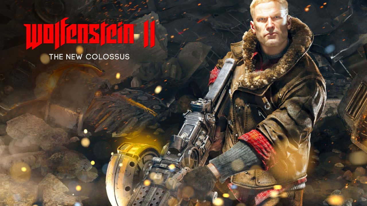 720p Wolfenstein Ii 桌布 壁紙 — 一名身穿毛領外套的粗獷士兵，在燃燒的碎片和破碎的機械中揮舞著重型武器。