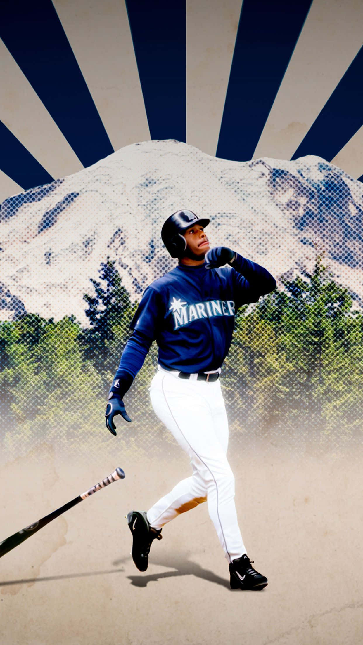 MLB Baseball League 桌布 壁紙 — 一名身穿水手隊球衣的棒球選手，在藍白相間的太陽光線和風格化山脈背景下持球棒奔跑。