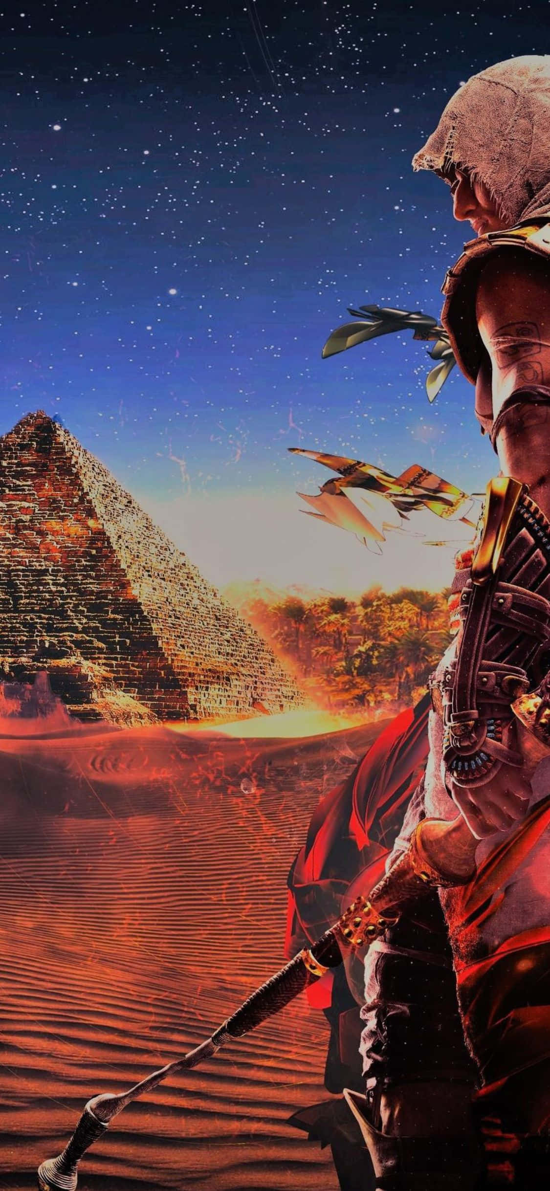 iPhone X Assassin's Creed Origins 桌布 壁紙 — 一名身穿沙漠盔甲的戰士站在金字塔前，背景是星光燦爛的暮色天空，有飛行的生物。