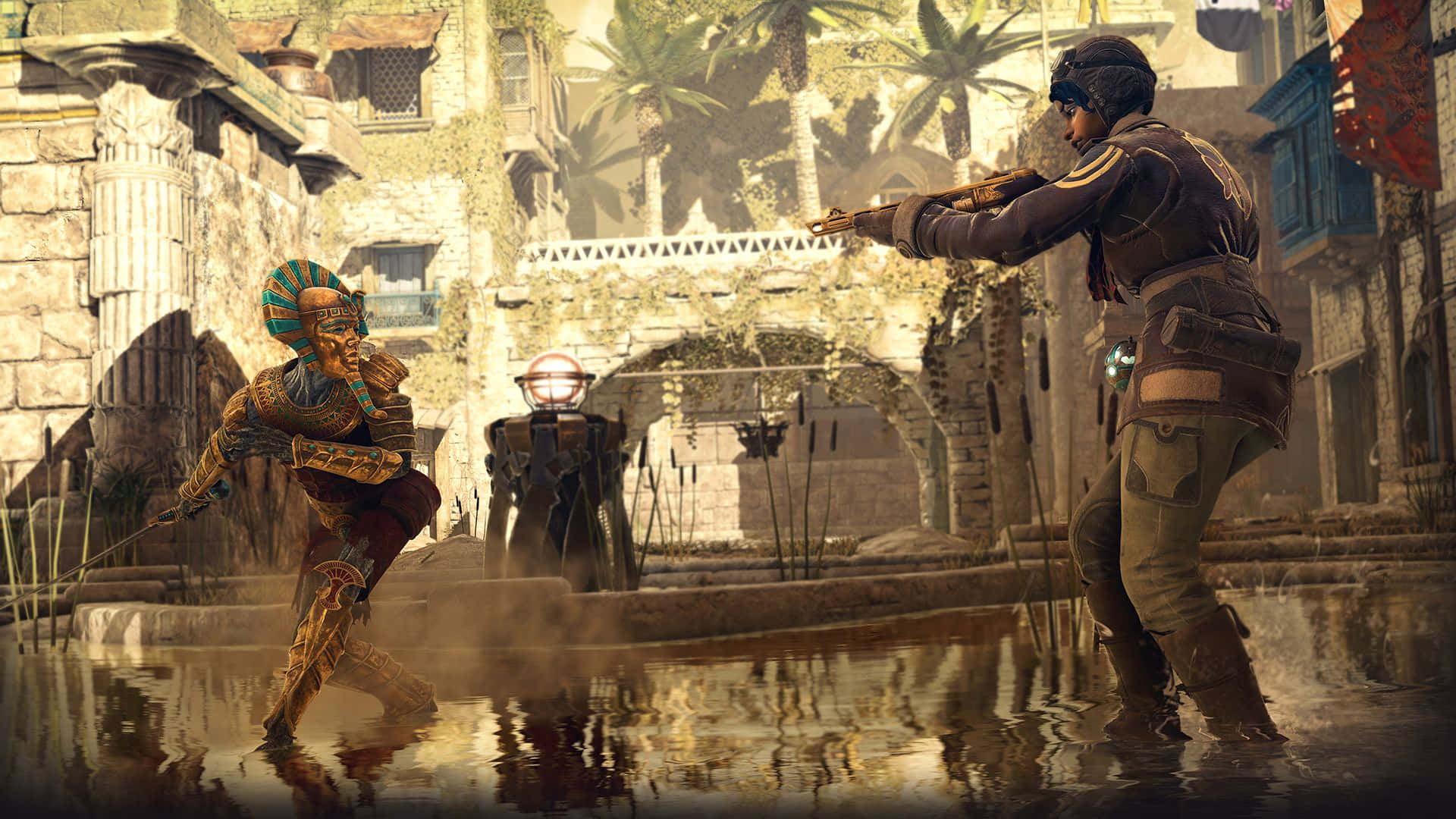 Strange Brigade 桌布 壁紙 — 一名身穿沙漠裝備的士兵在陽光明媚的古老廢墟中，用步槍瞄準一個在淺水中跋涉的骷髏木乃伊戰士。