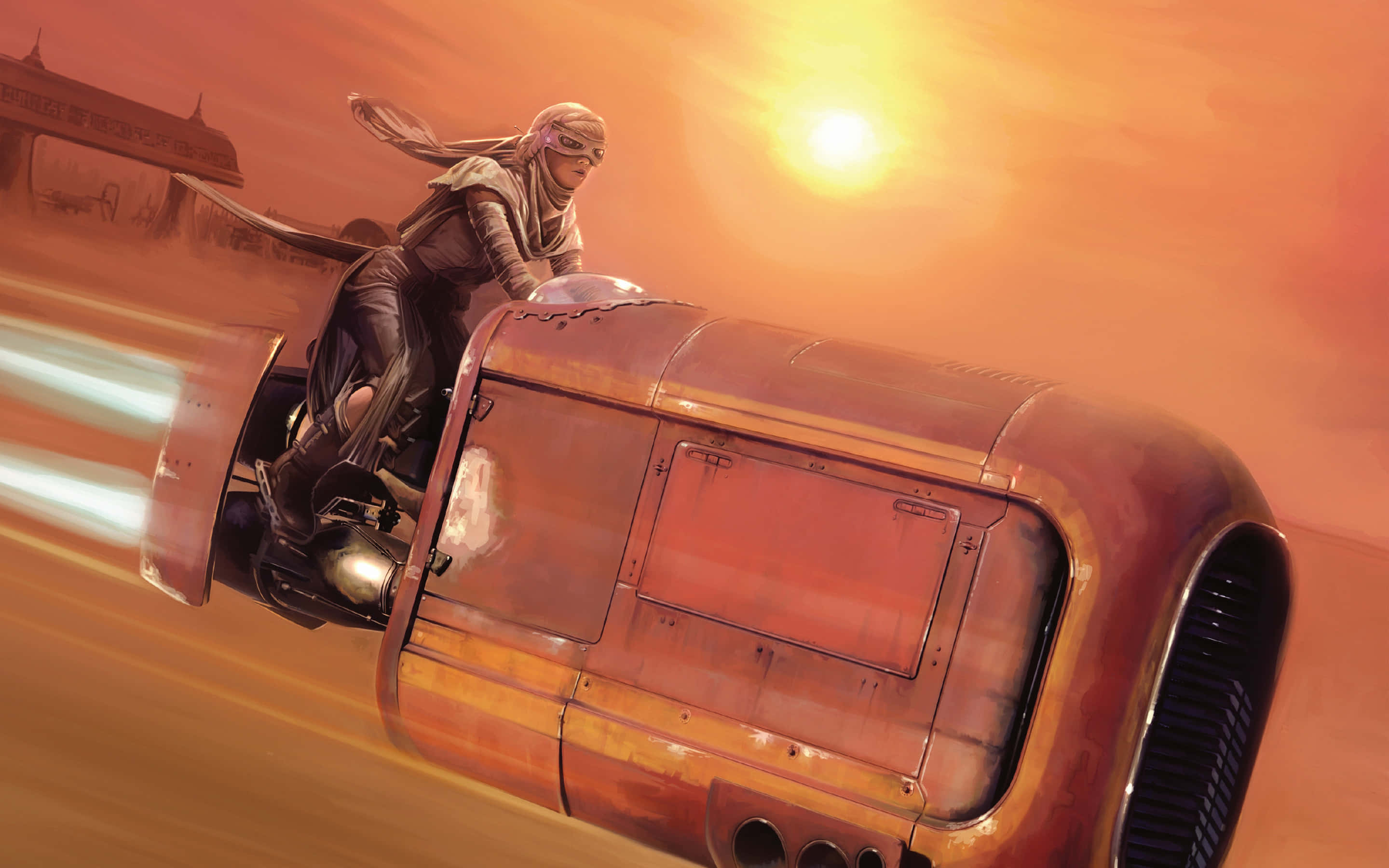 Star Wars The Force Awakens 桌布 壁紙 — 一名身穿沙漠裝備的騎士在熾熱的橙色太陽下，駕駛未來風格的懸浮摩托車飛馳越過沙丘。