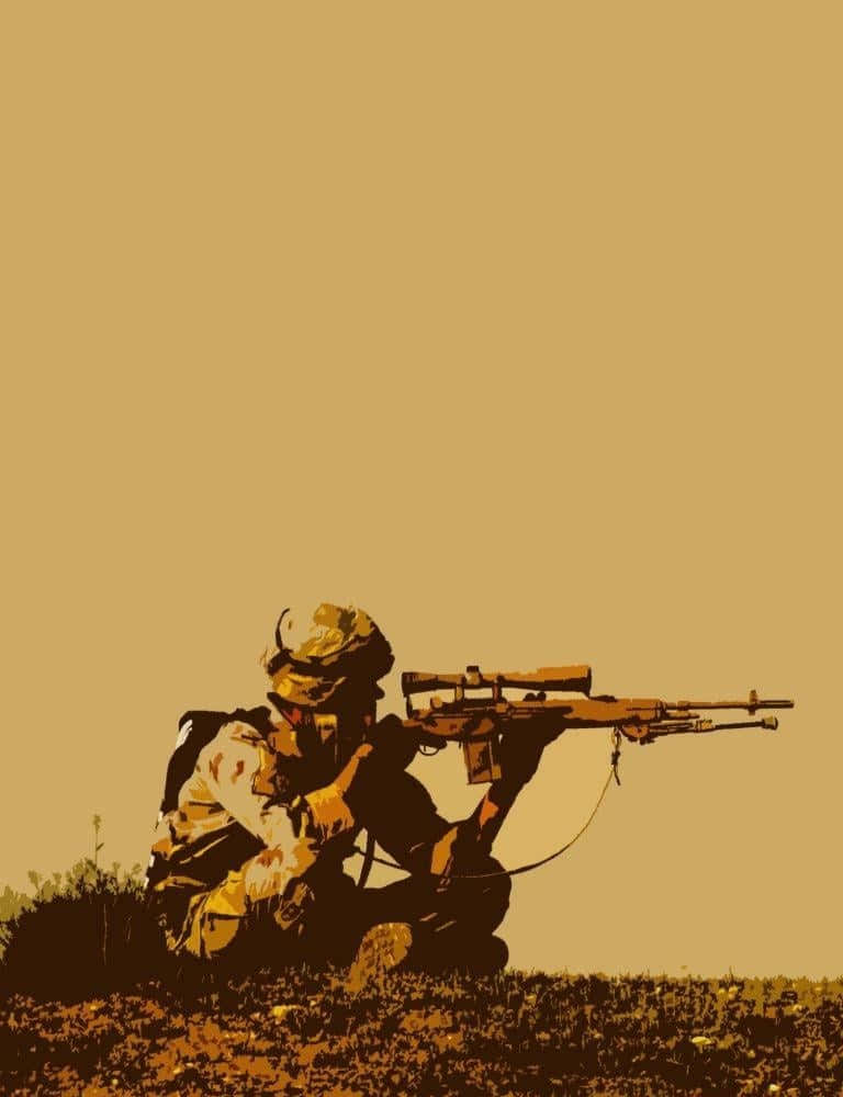 軍事動圖 桌布 壁紙 — 一名身穿沙漠迷彩服的士兵蹲下，用狙擊步槍瞄準單色棕褐色背景。
