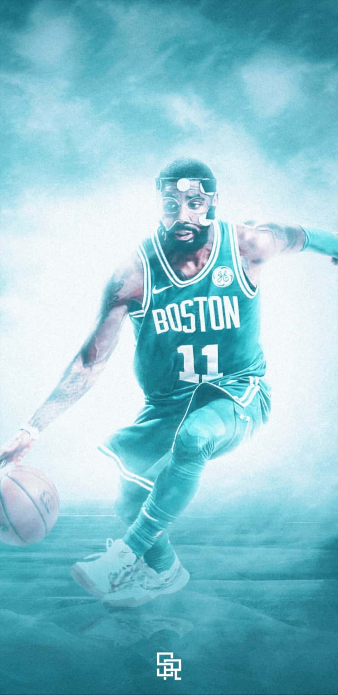 Kyrie Irving Cool 桌布 壁紙 — 一名身穿波士頓塞爾提克球衣的籃球運動員，在發光的迷濛藍色煙霧中全神貫注地運球。