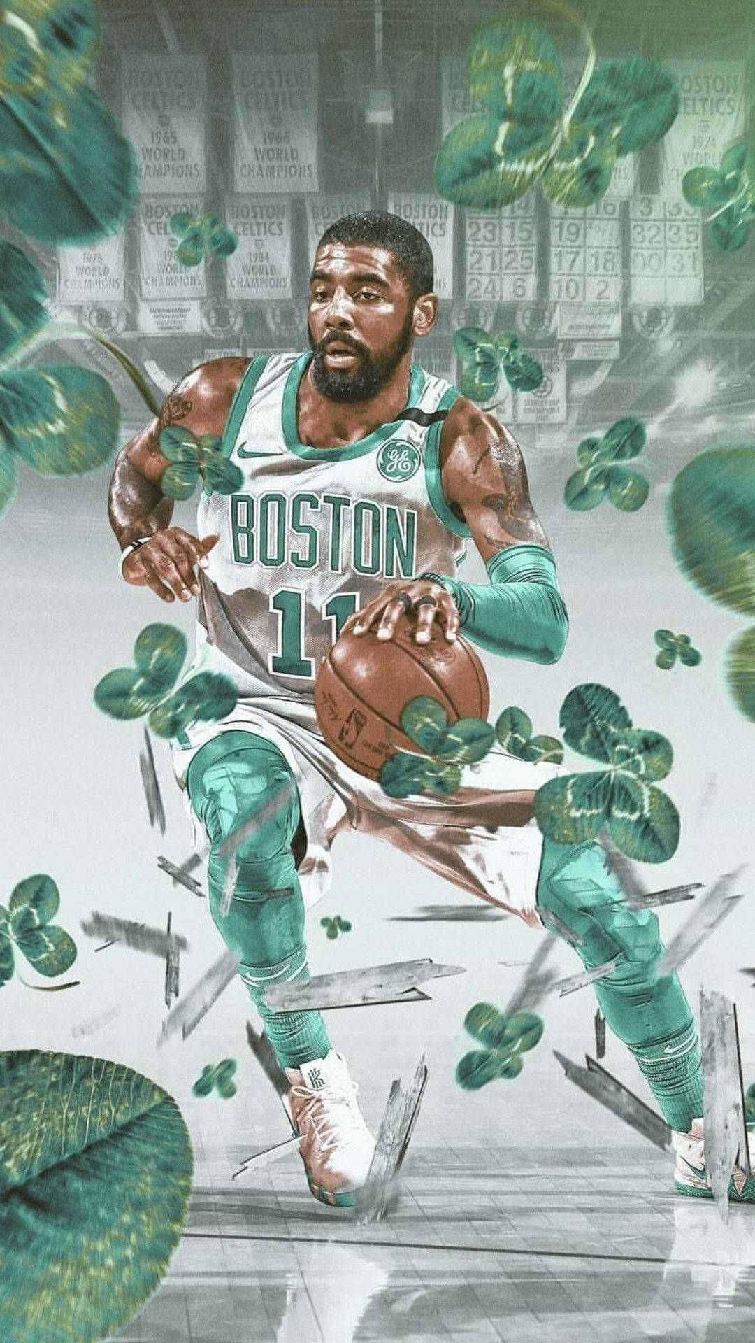 Kyrie 桌布 壁紙 — 一名身穿波士頓塞爾提克裝備的籃球運動員在飄浮的三葉草和碎玻璃之間運球，身後有冠軍旗幟。