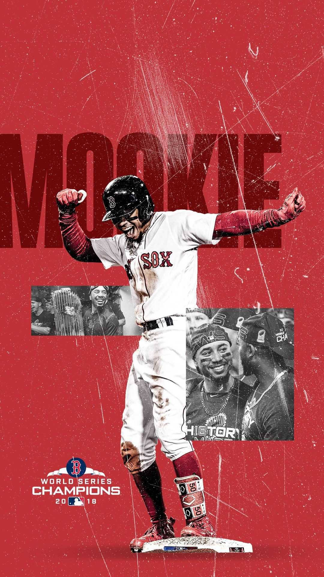 Red Sox 桌布 壁紙 — 一名身穿波士頓紅襪隊球衣的勝利棒球運動員，在鮮紅色背景前於本壘板上高舉拳頭慶祝。