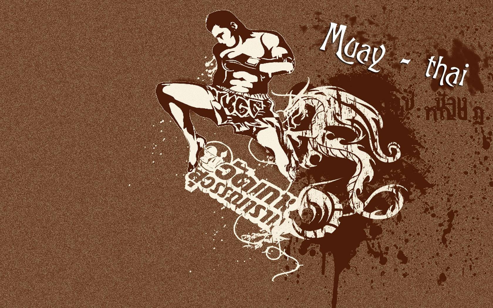 MMA 桌布 壁紙 — 一名身穿泰拳裝備的風格化戰士，在帶有紋理的棕色背景上，對一條龍生物施展強力踢擊。