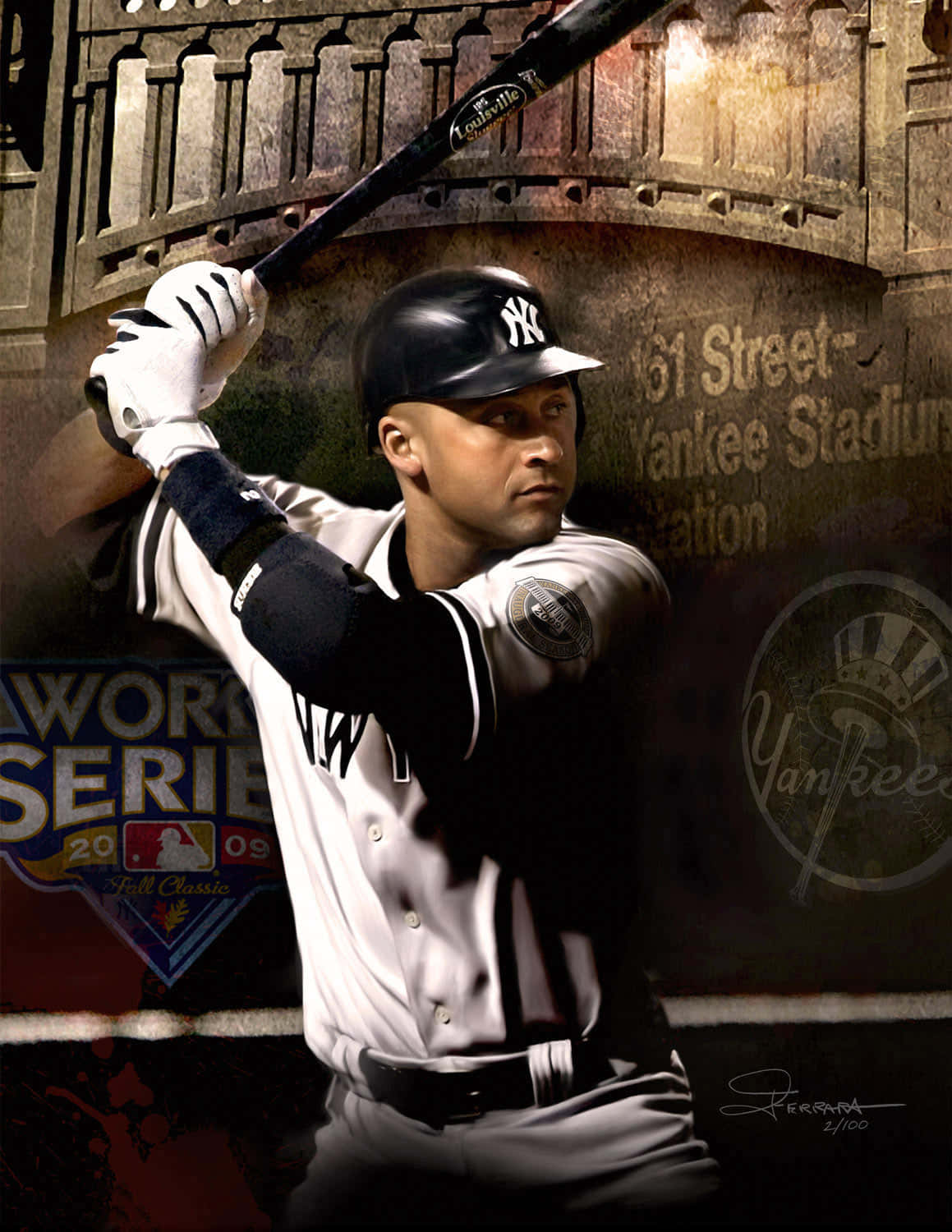 Derek Jeter 桌布 壁紙 — 一名身穿洋基隊球衣的棒球選手，在粗糙的球場背景下，專注地揮棒。