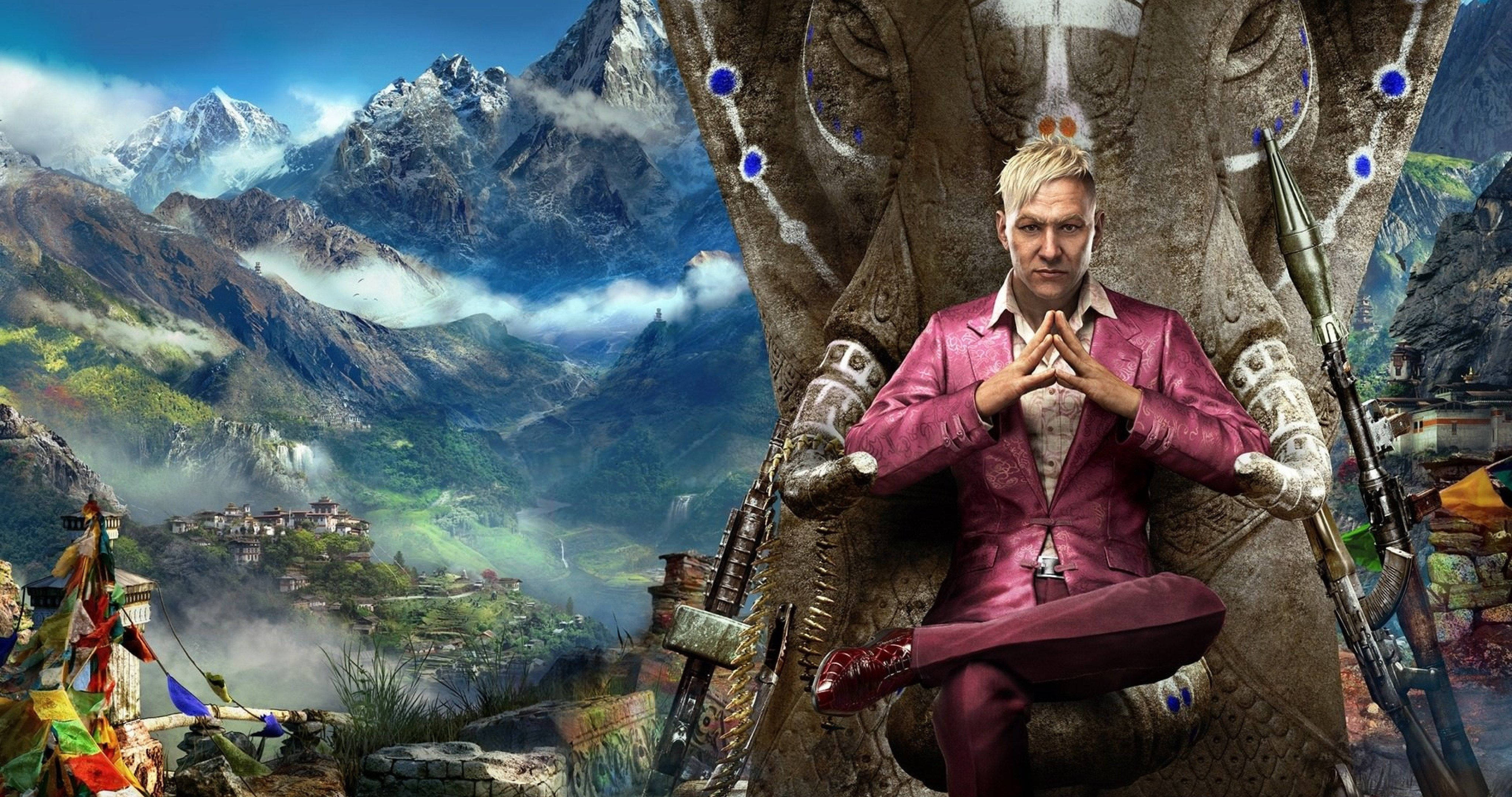Far Cry 4 桌布 壁紙 — 一名身穿洋紅色西裝的男子在雪山和經幡環繞的王座上冥想。