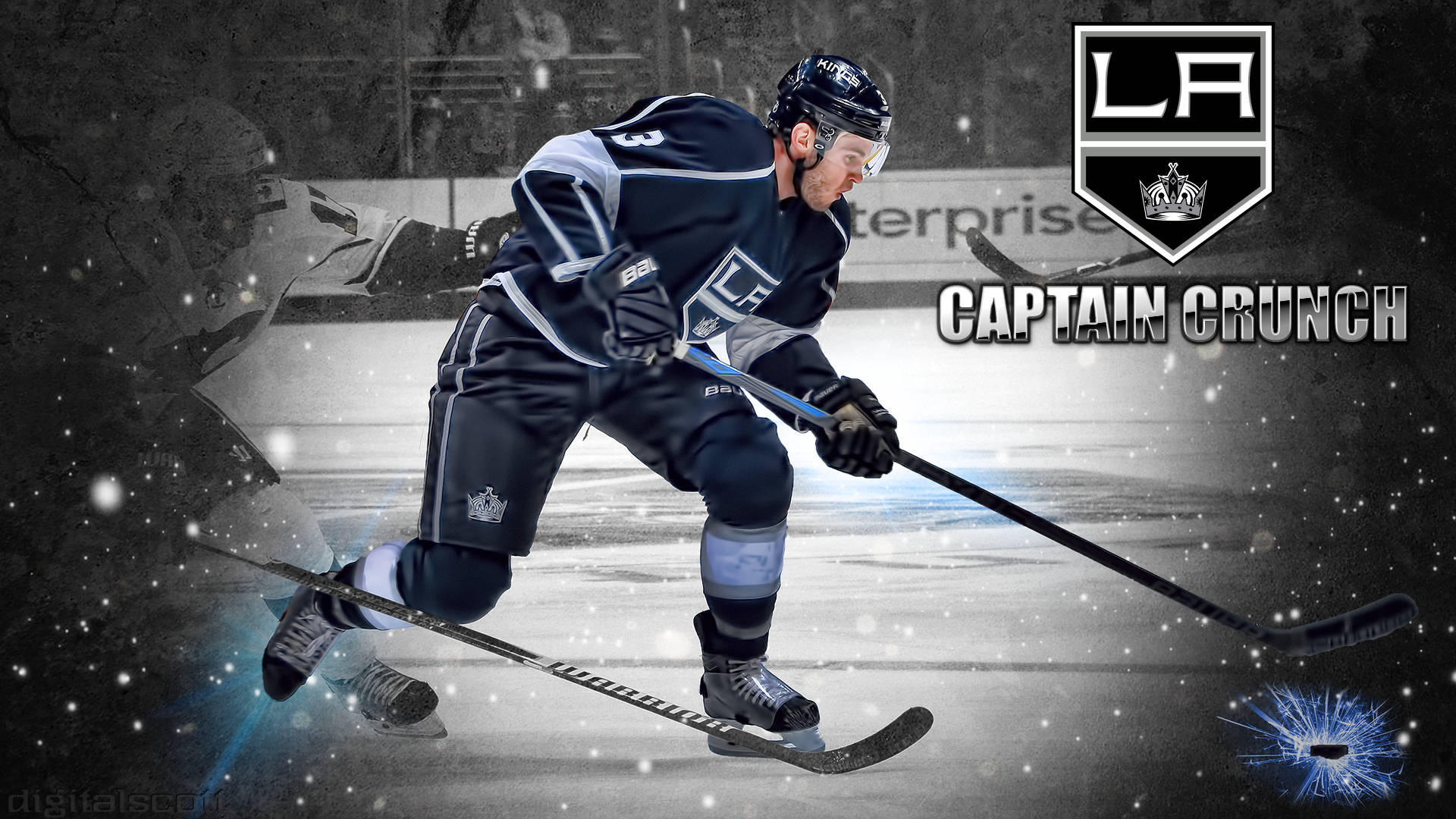 Los Angeles Kings 桌布 壁紙 — 一名身穿洛杉磯國王隊裝備的曲棍球運動員在冰上動態滑行，雪花飄落，並帶有發光的冰球效果。