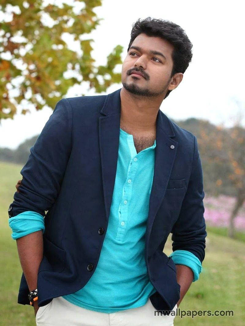 vijay HD 桌布 壁紙 — 一名身穿海軍藍西裝外套和青綠色襯衫的男子，雙手插袋，站在戶外，仰望天空，背景是綠草和秋樹。